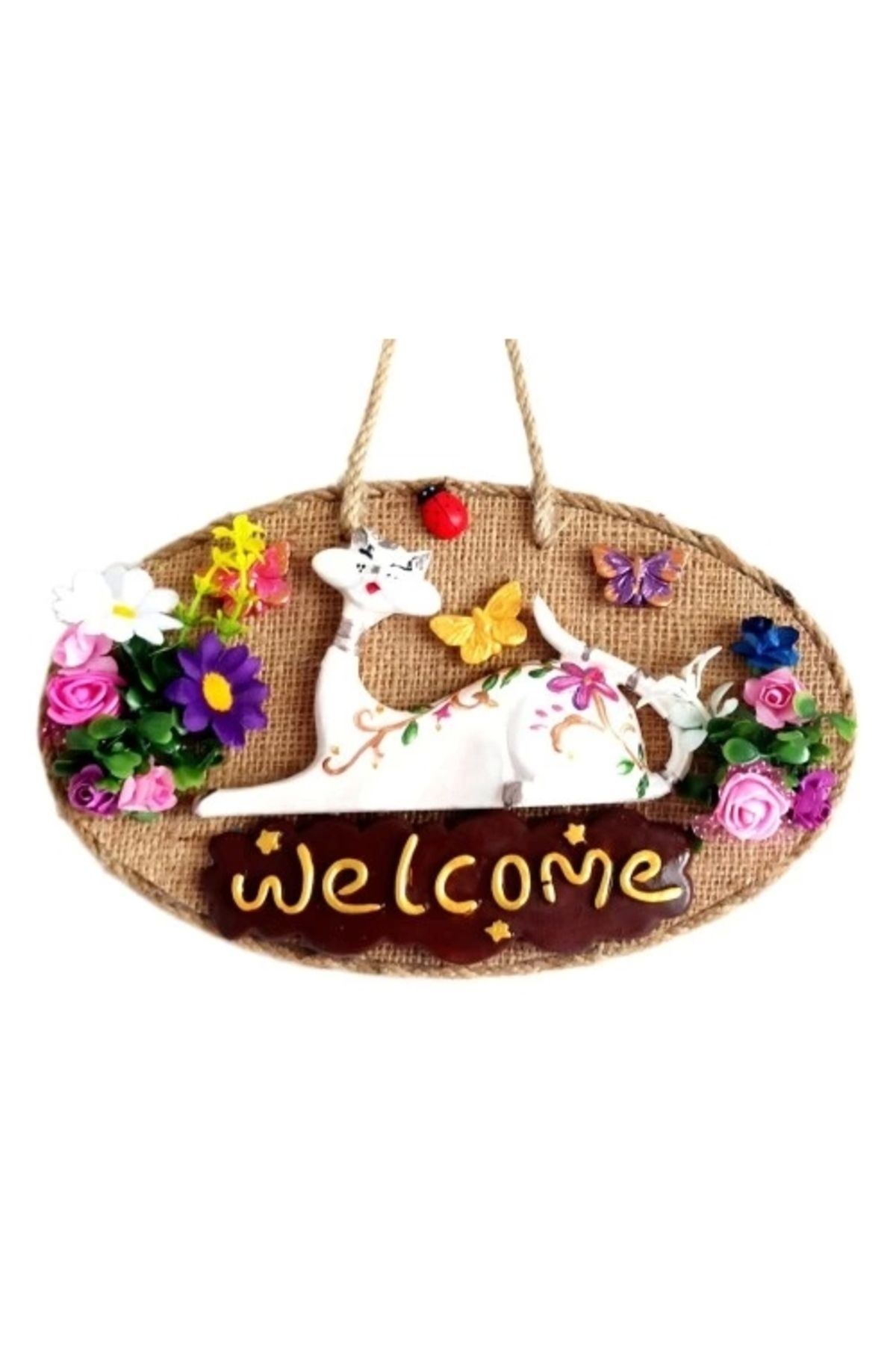 Lenaca Welcome Yazılı Kedili El Yapımı Kapı Süsü