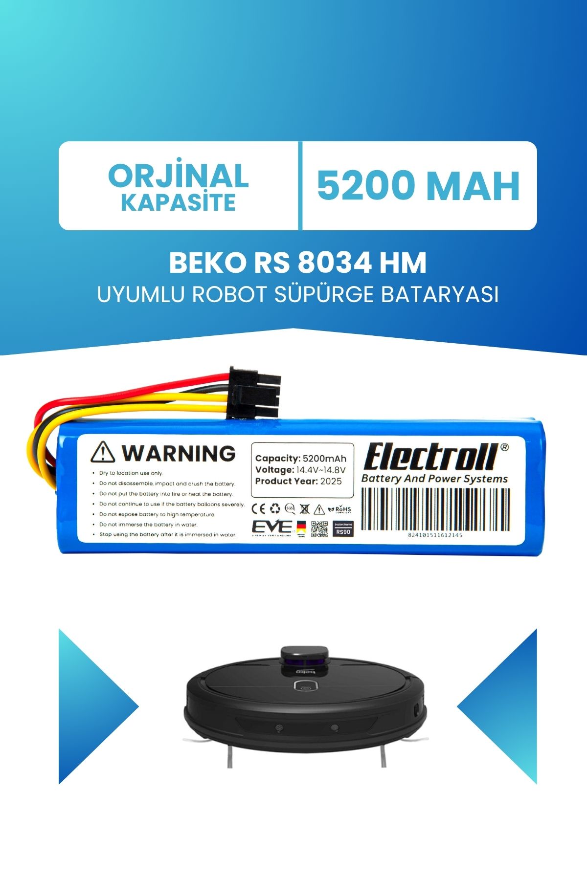 ELECTROLL Beko Rs 8034 Hm Uyumlu Batarya (STANDART KAPASİTE) 5200mah Robot Süpürge Bataryası