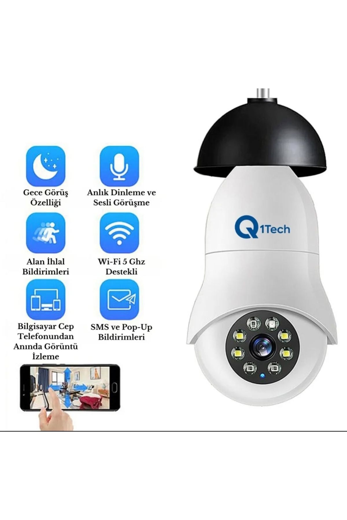 Q1TECH Ampul Güvenlik Kamerası - Çift Yönlü Sesli İletişim - 1080P