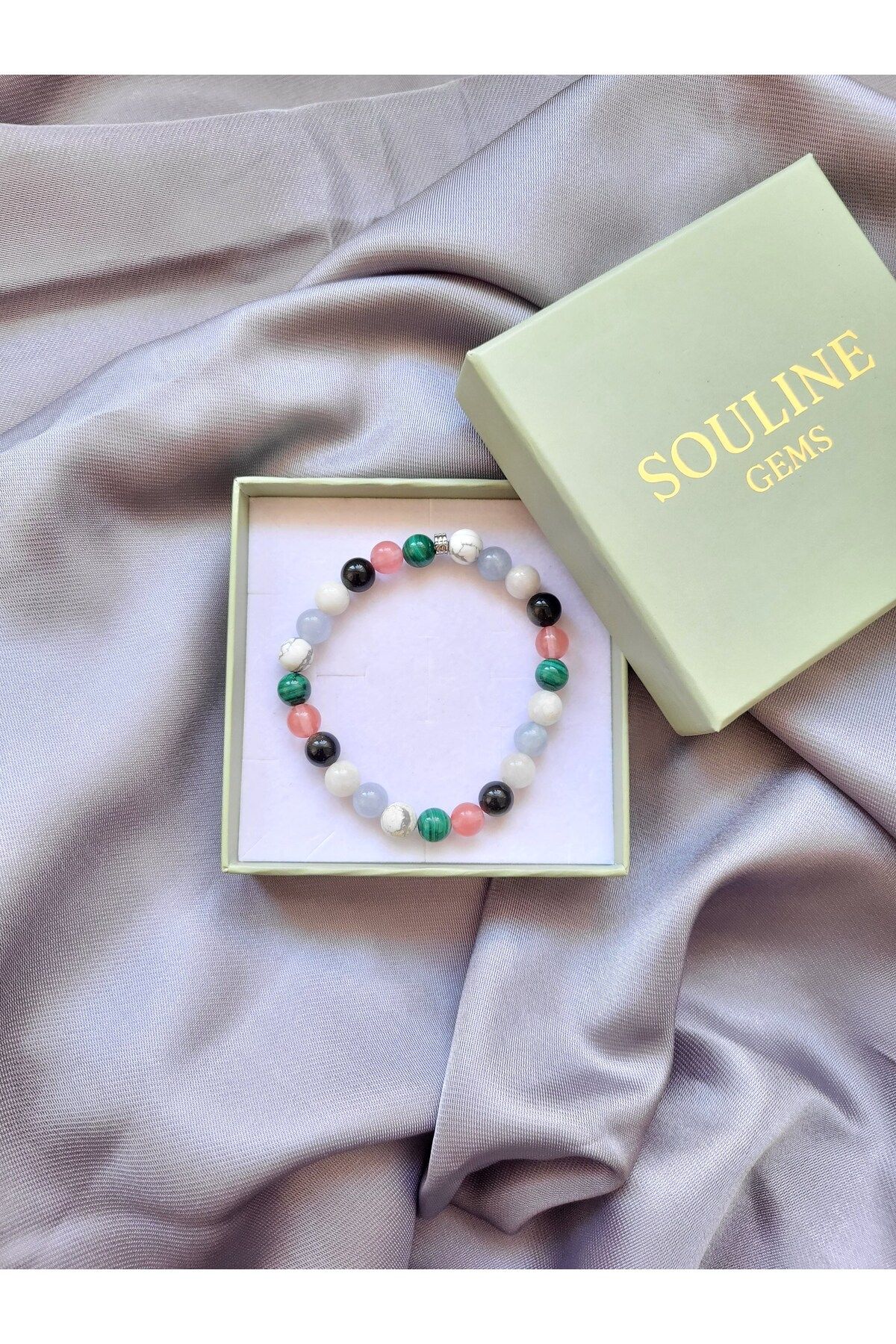 Souline Gems Gerçek Doğal Taş Bileklik - Malakit, Pembe Kuvars, Aytaşı, Amazonit, Havlit, Amazonit