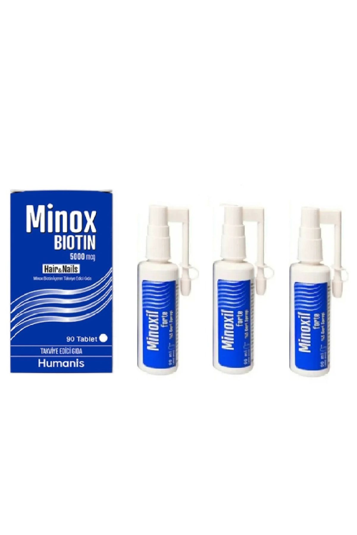Humanis Minox Biotin 5000 mcg 90 Tablet ve 3 kutu Minox Saç Spreyi