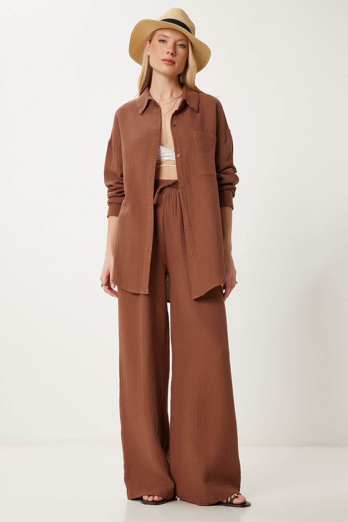 Lovelyİstanbul Oversize Müslin Gömlek Pantolon Takım KAHVERENGİ LSA0014