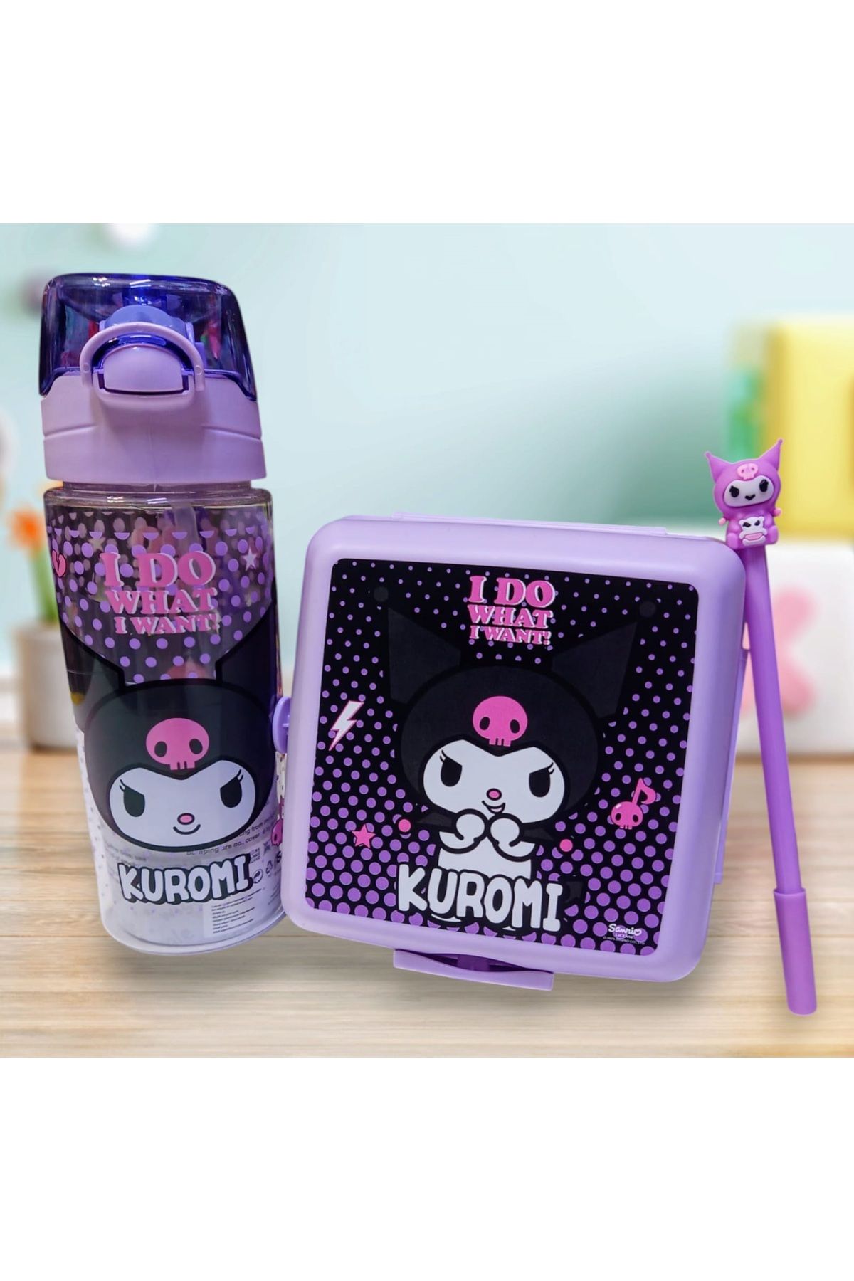 sevgi kırtasiye Kuromi Lisanslı Trıtan Matara 500 ml Ve 2 Katlı Beslenme Kabı Jel Kalem Hediyeli Set