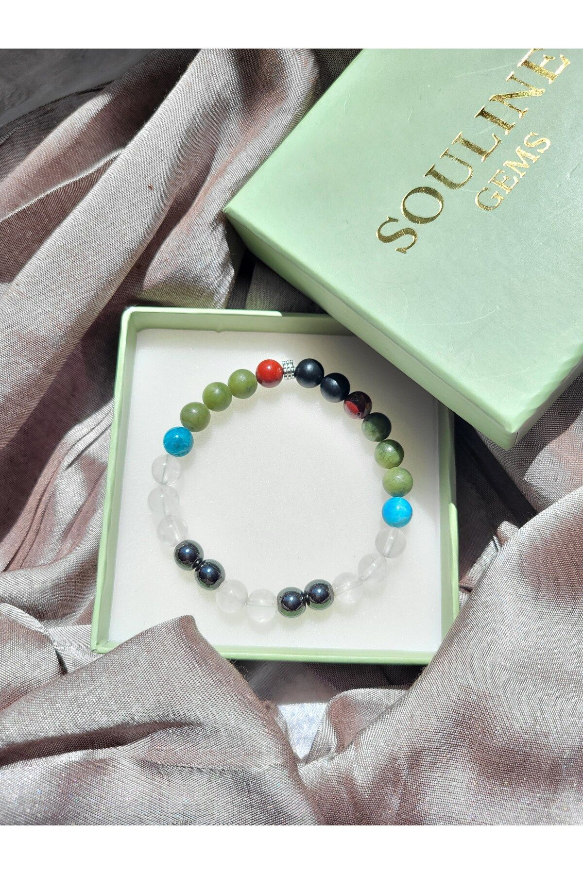 Souline Gems Gerçek Doğal Taş Bileklik - Kırmızı Jasper, Oniks, Yeşim, Apatit, Kristal Kuvars, Hematit