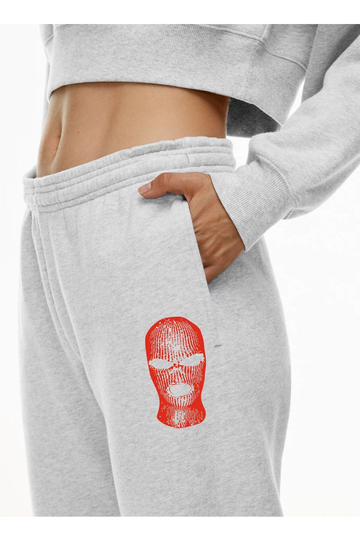 HOFFNUNG Jogger Maske Kırmızı 2ıplik Örme Kumaş Lastikli Şardonlu Eşofman Altı