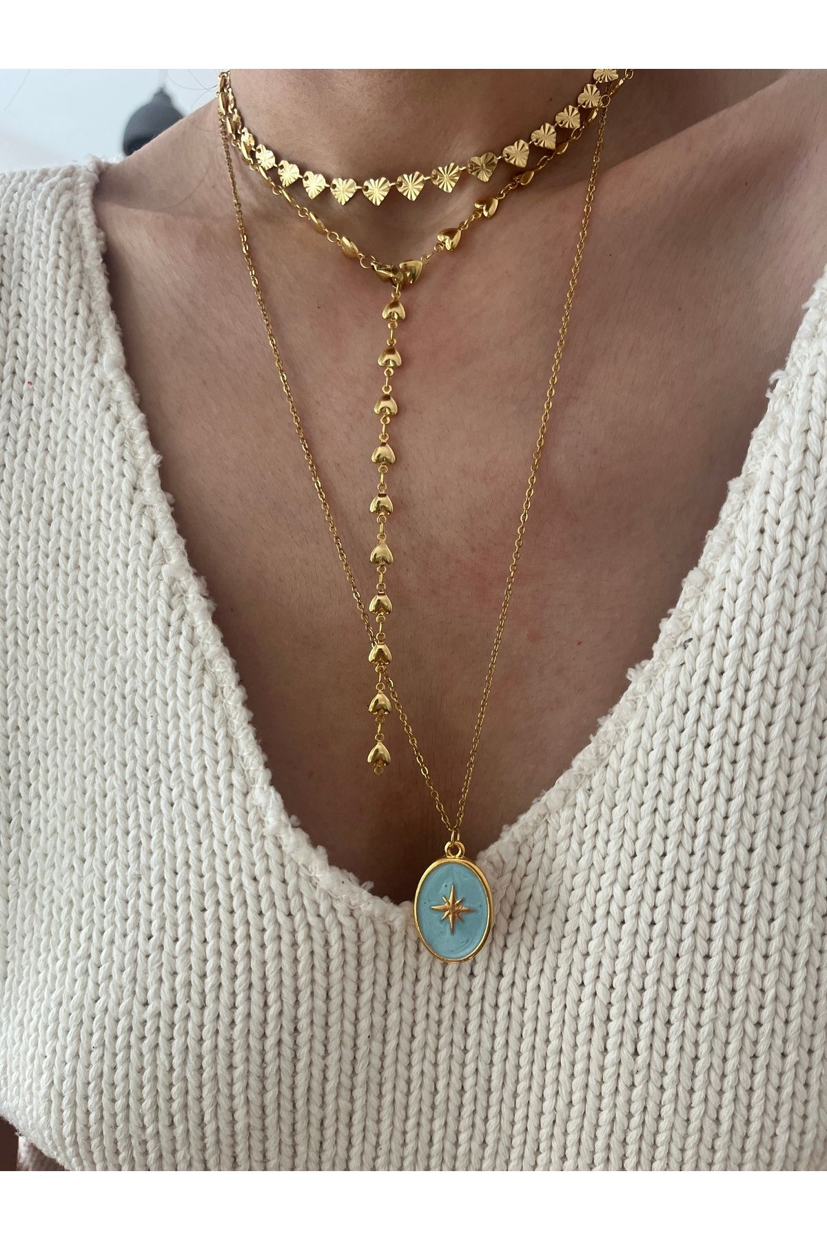 Hoop jewelery altın kaplama mineli kutup yıldızı kolye 60- cm