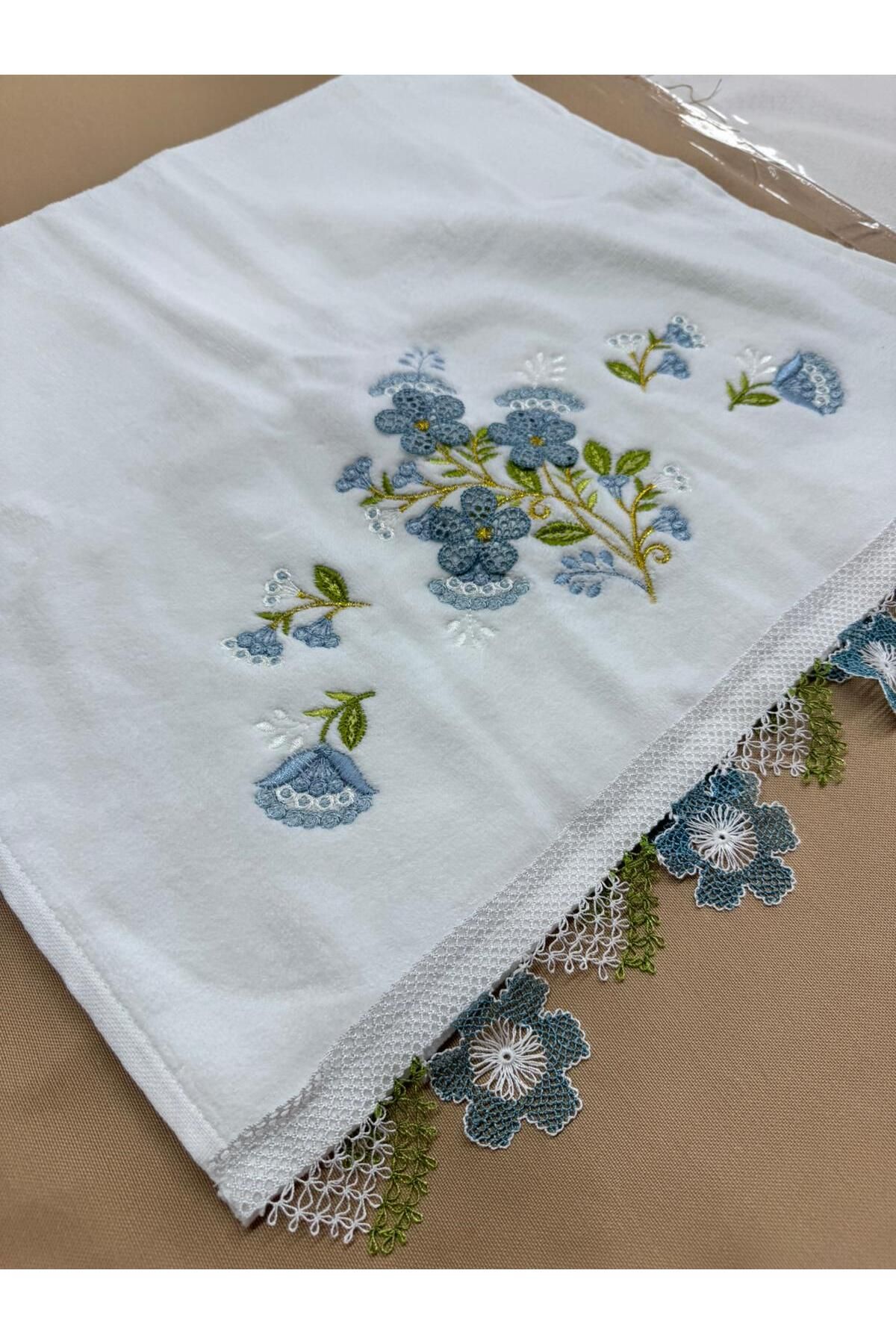 TUTUYA TEXTIL İğne Oyalı El işi Kadife 50 X90 cm El Havlusu Çeyizlik Havlu Çift Tarafı Dantelli