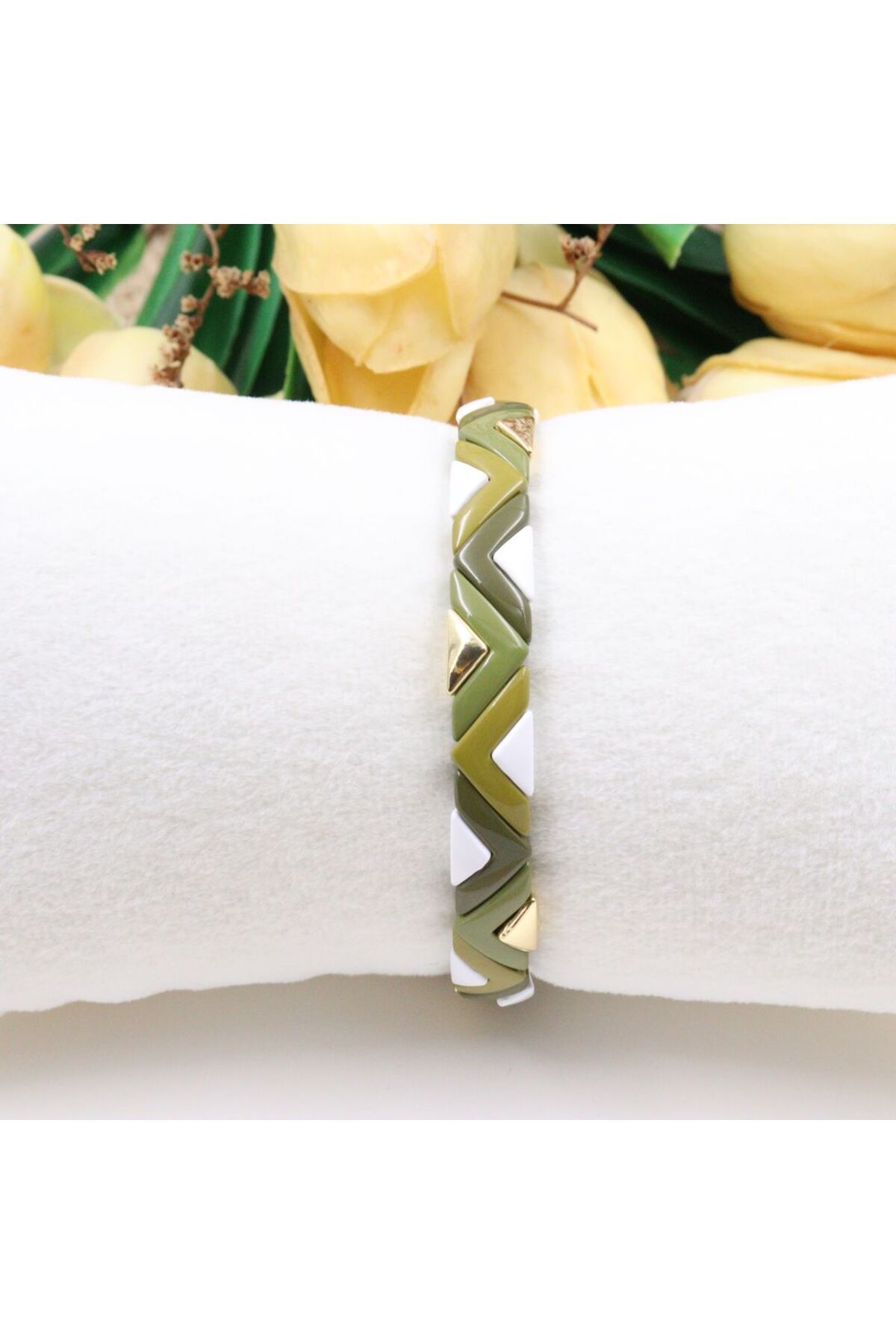 mercanjewelry VİP Marka Model 14K Altın Kaplama Haki Porselen Bileklik