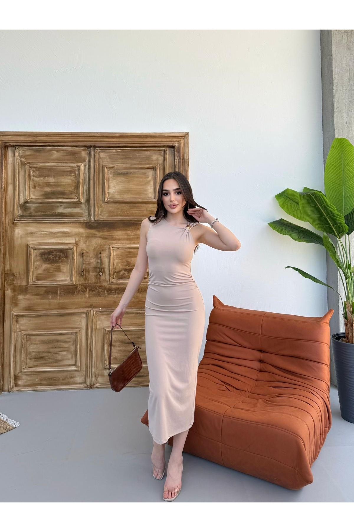 MEECY Kadın Asimetrik Drapeli Zr Model Maxi Elbise
