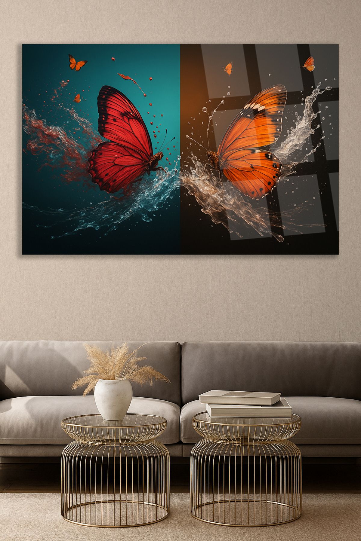 TAULART MODERN RENKLİ KELEBEKLER SALON ŞIK ODA TABLOSU KIRILMAZ CAM TABLO LÜKS HEDİYE ULTA CANLI RENKLER