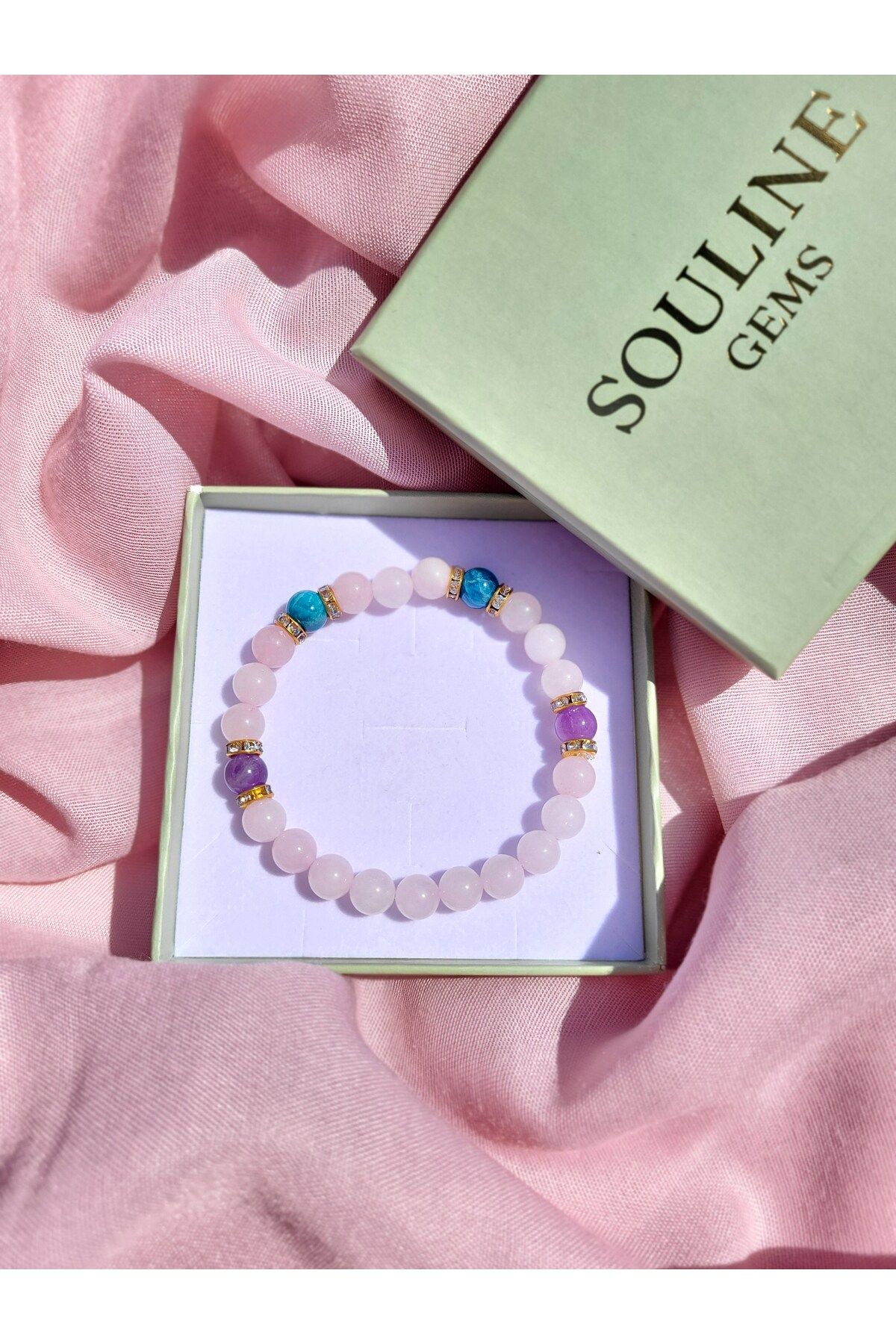 Souline Gems Gerçek Doğal Taş Bileklik - Ametist, Pembe Kuvars, Apatit