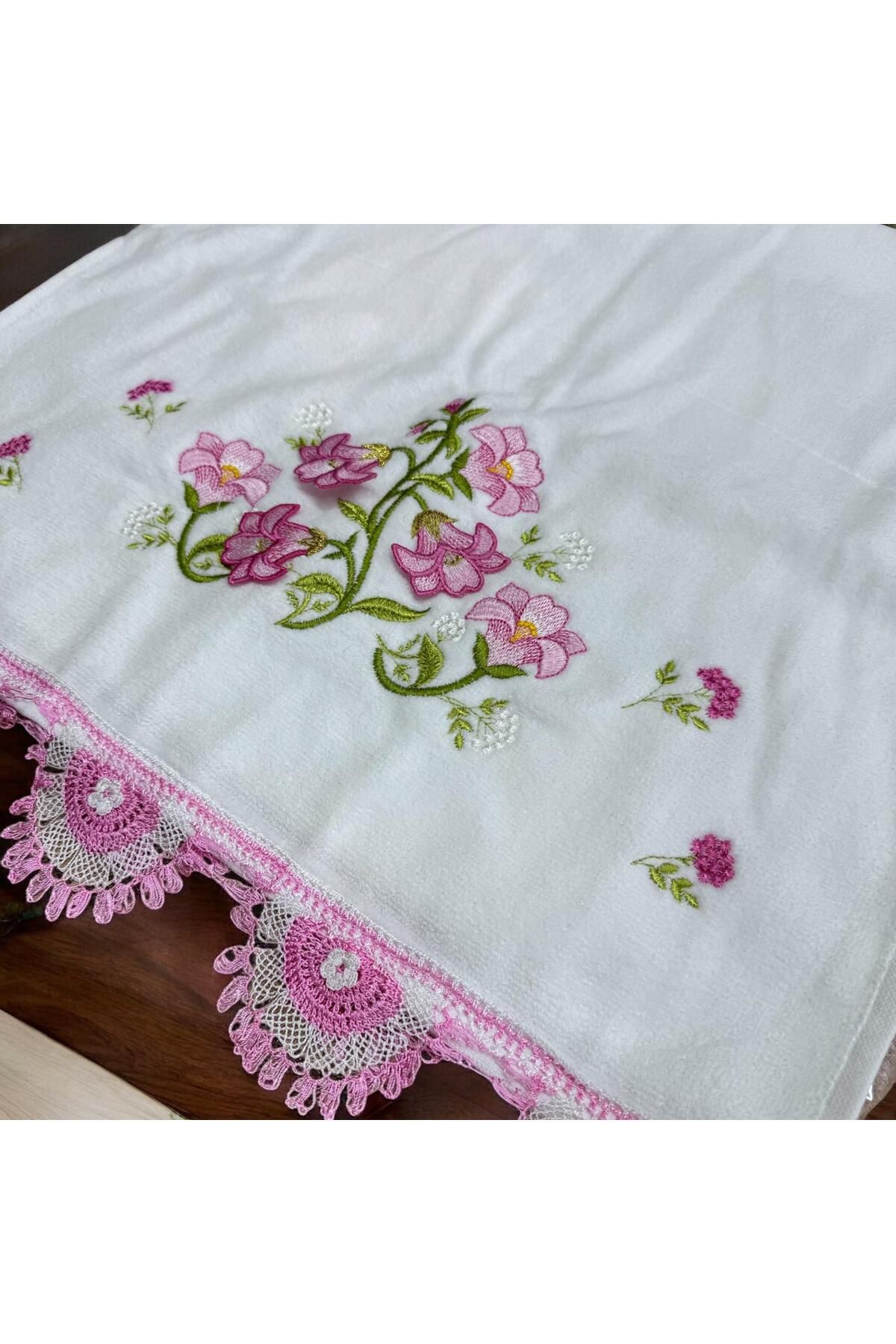 TUTUYA TEXTIL İğne Oyalı El işi Kadife 50 X90 cm El Havlusu Çeyizlik Havlu Çift Tarafı Dantelli