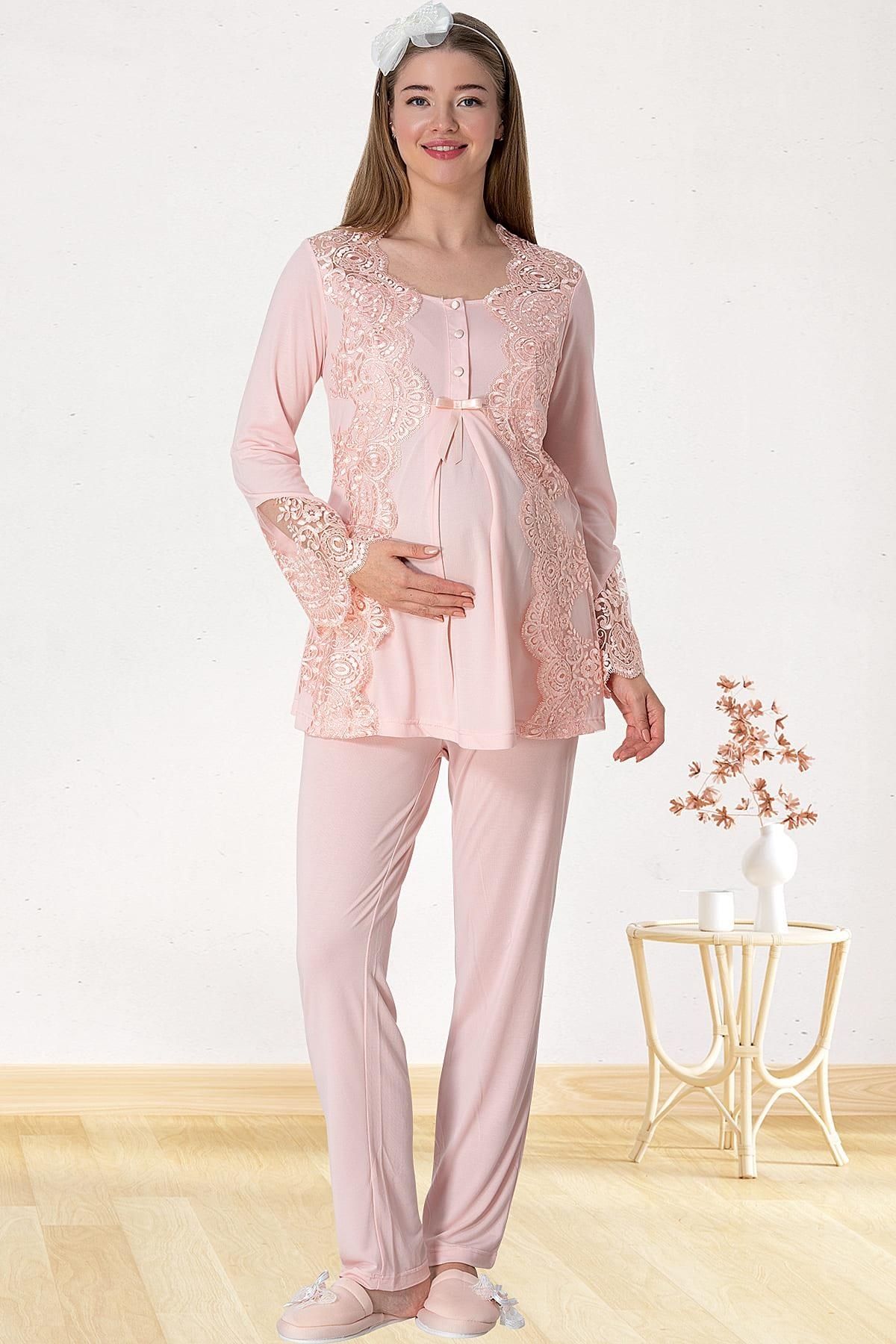 By Mecit Pijama Kadın Dantel Detaylı Önü Düğmeli Lohusa Pijama Takımı