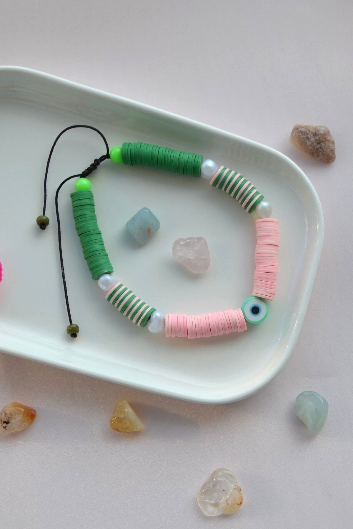 Sacce Scarves&Accessories Fimo Halhal Renkli Ayarlanabilir İpli Pembe Yeşil Tonlu