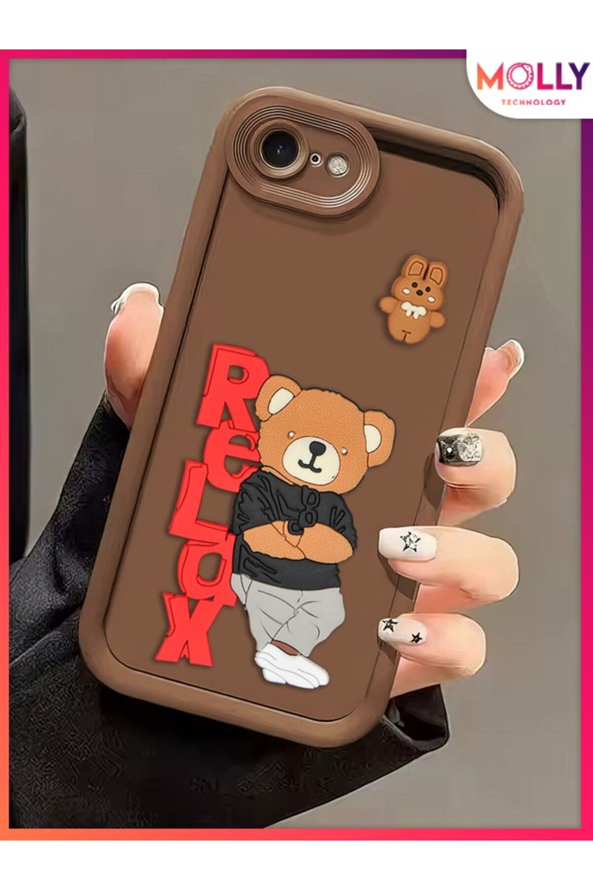 Molly iPhone 7 İçin Fallow Brown Kenarları Kalın 3d Kabartmalı Teddy Bear Silikon Kılıf