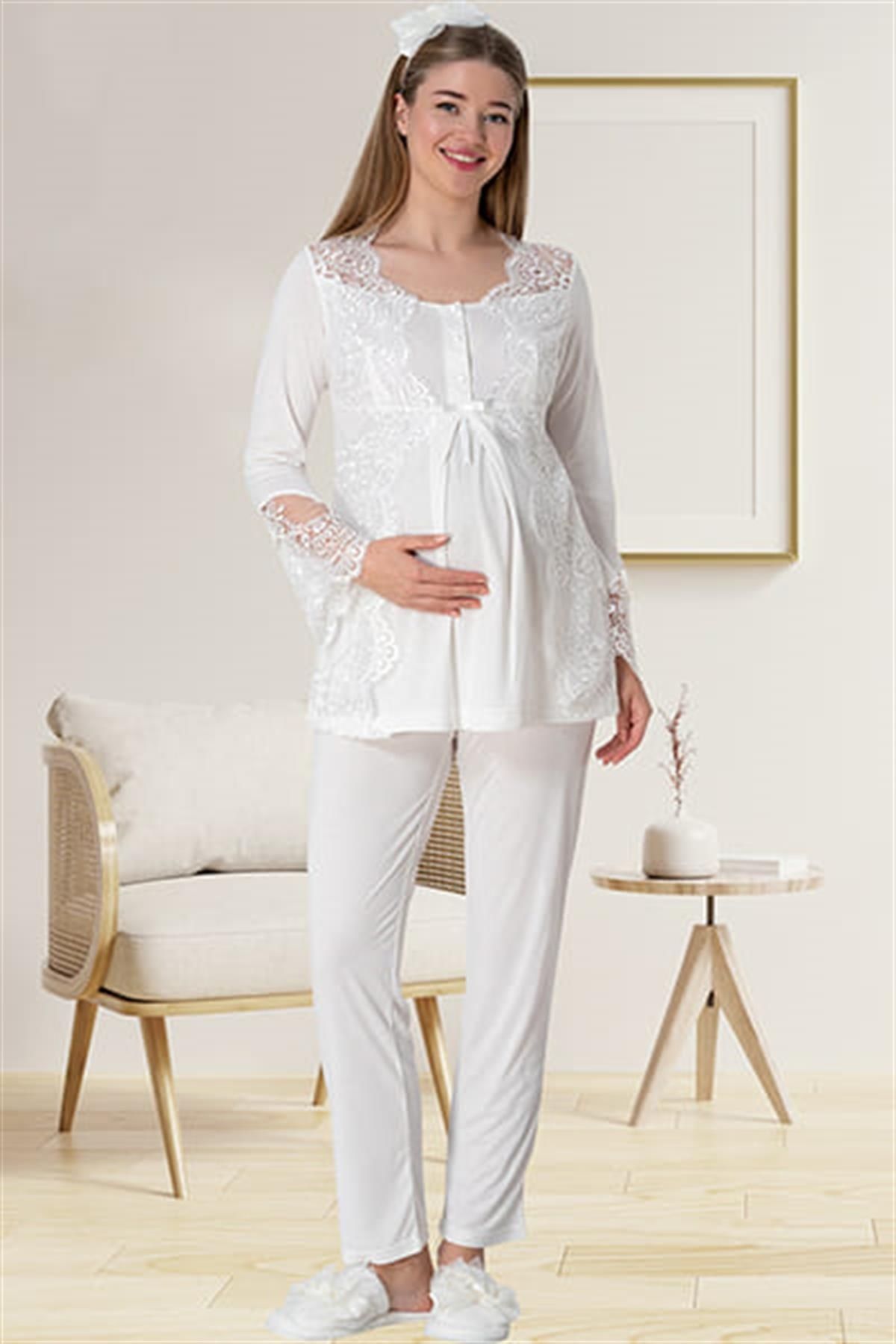 By Mecit Pijama Kadın Dantel Detaylı Önü Düğmeli Lohusa Pijama Takımı