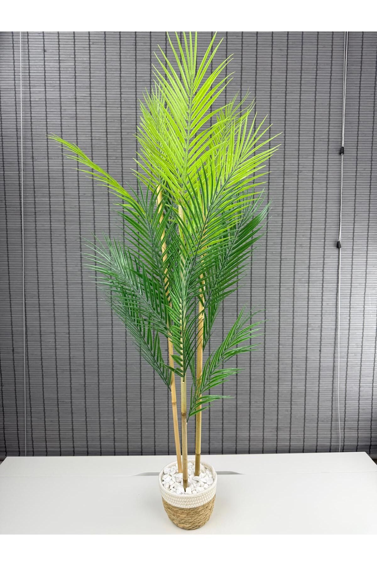 Bahçem Dekoratif Yapay Yapraklı Hasır Sea Grass/Beyaz Koton Saksılı Areka Palmiye Ağacı 3 Gövde 120cm