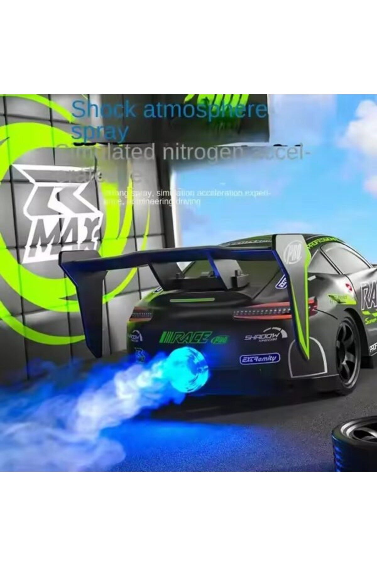 OEM-Remote control car with flashing lights, water spray, drift, racing vehicle for children, Green 4