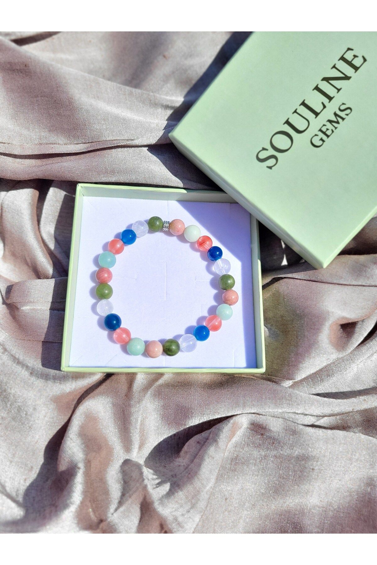 Souline Gems Gerçek Doğal Taş Bileklik - Yeşim, Akik, Kristal Kuvars, Çilek Kuvars, Rudonit, Amazonit