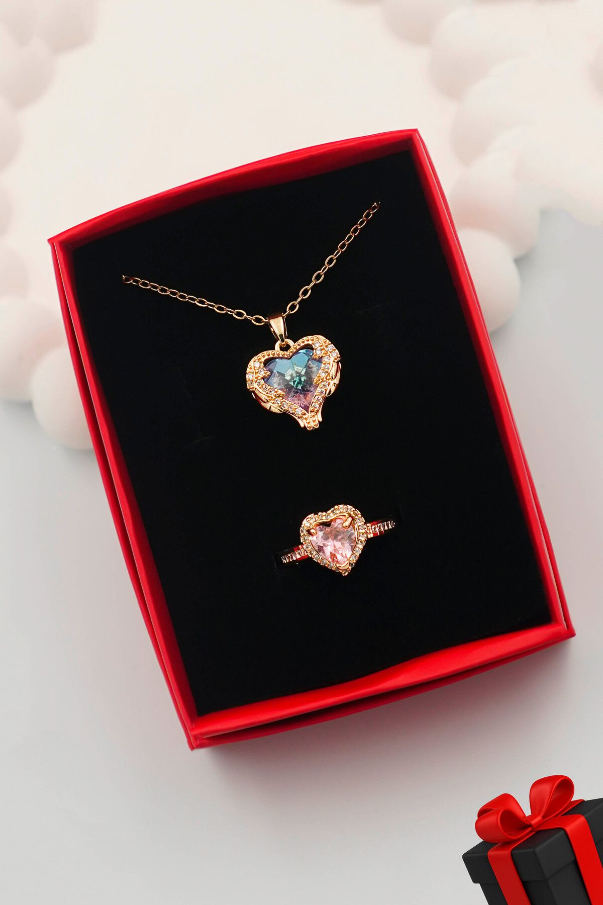 TREND COLLECTİON Paslanmaz Çelik Gold Okyanus Kalp Kolye Ve Pandora's Yüzük Set