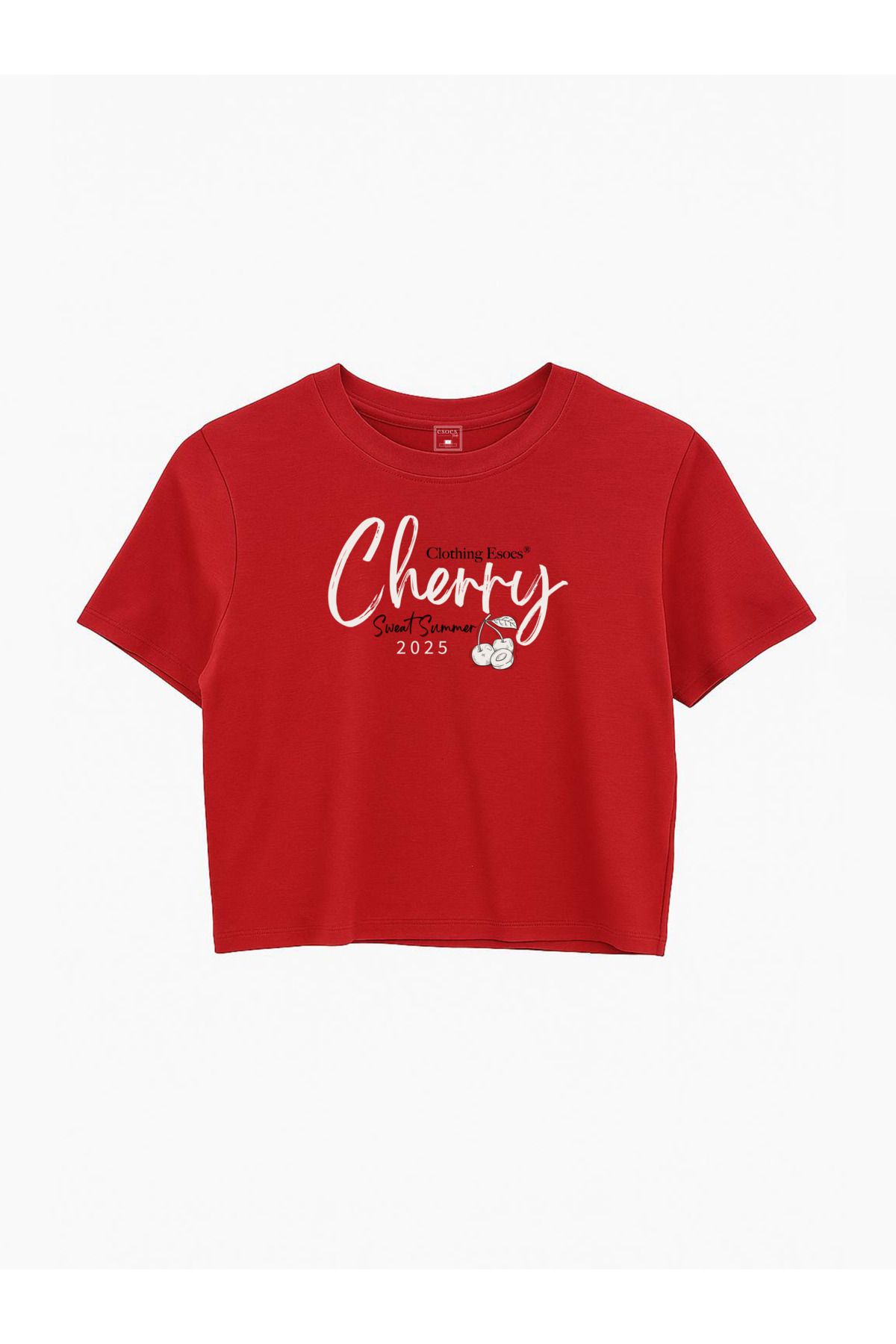 EsoesTienda Kadın Dar Kesim Yumuşak Dokulu Cherry Baskılı Crop Tişört