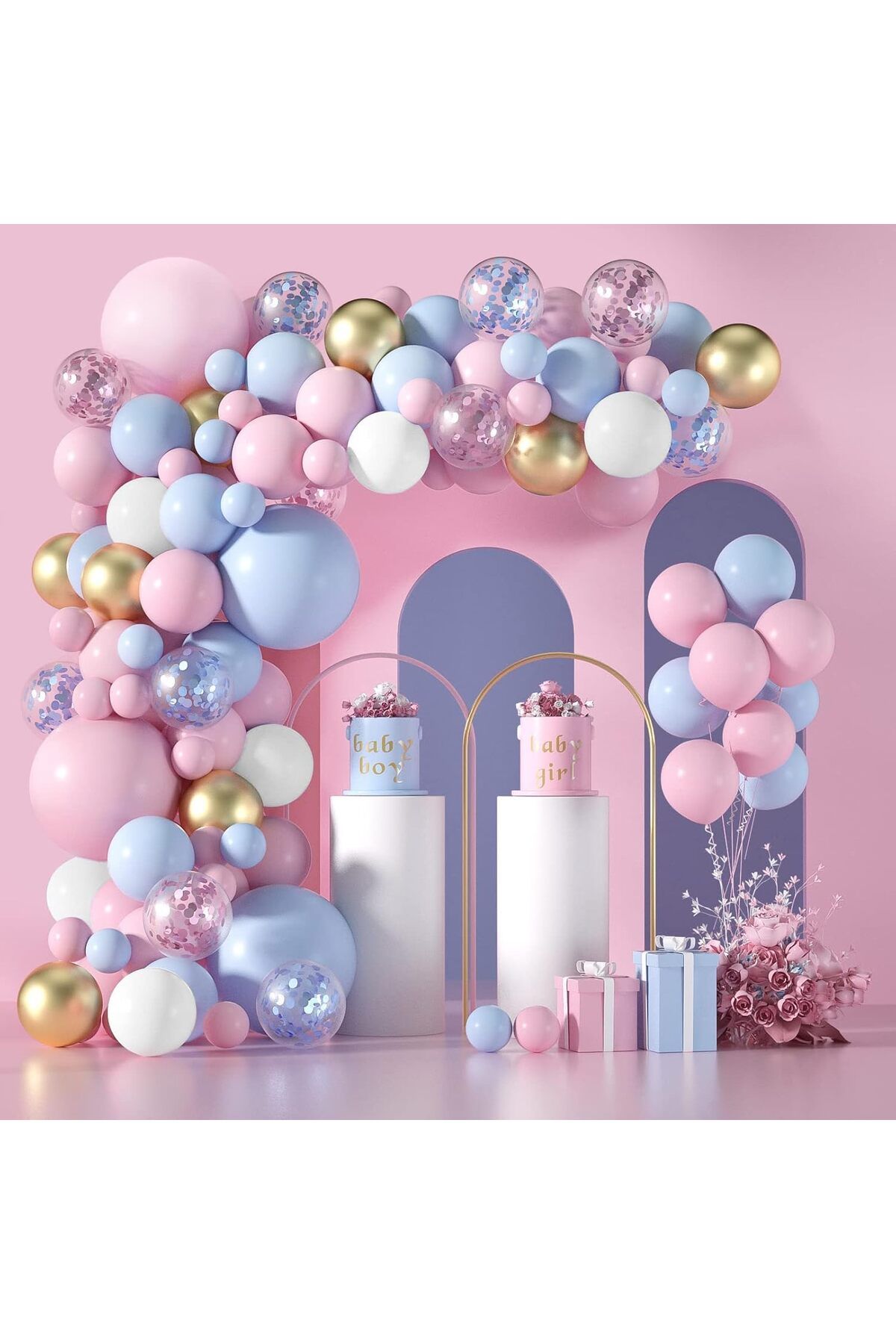Mack PLUS 35'li Cinsiyet Partisi Balon Seti – Mavi, Pembe, Beyaz, Şeffaf, Pullu ve Gold Krom Balonlar