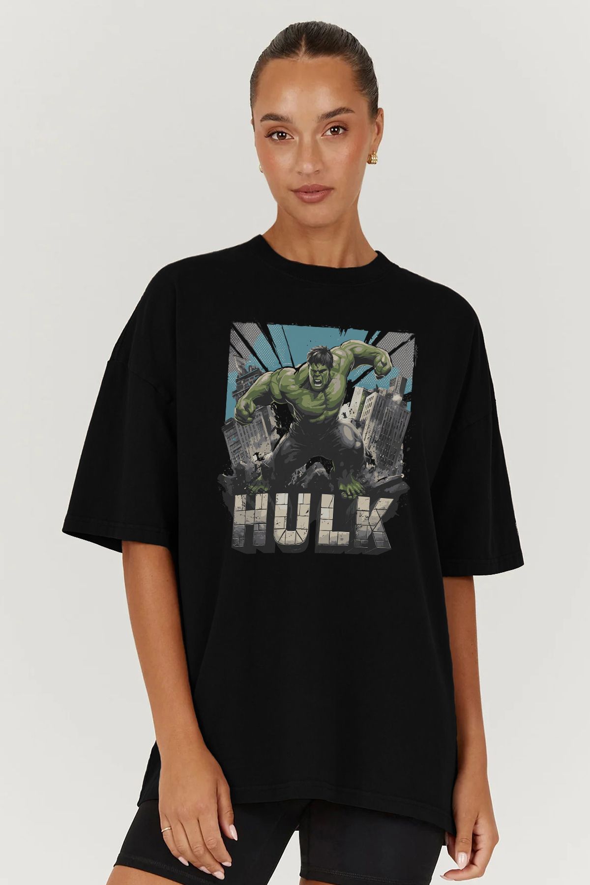 MODA Hulk Yeşil Dev Baskılı Oversize Kalıp Siyah Geniş Bol Kesim Kadın Tişört