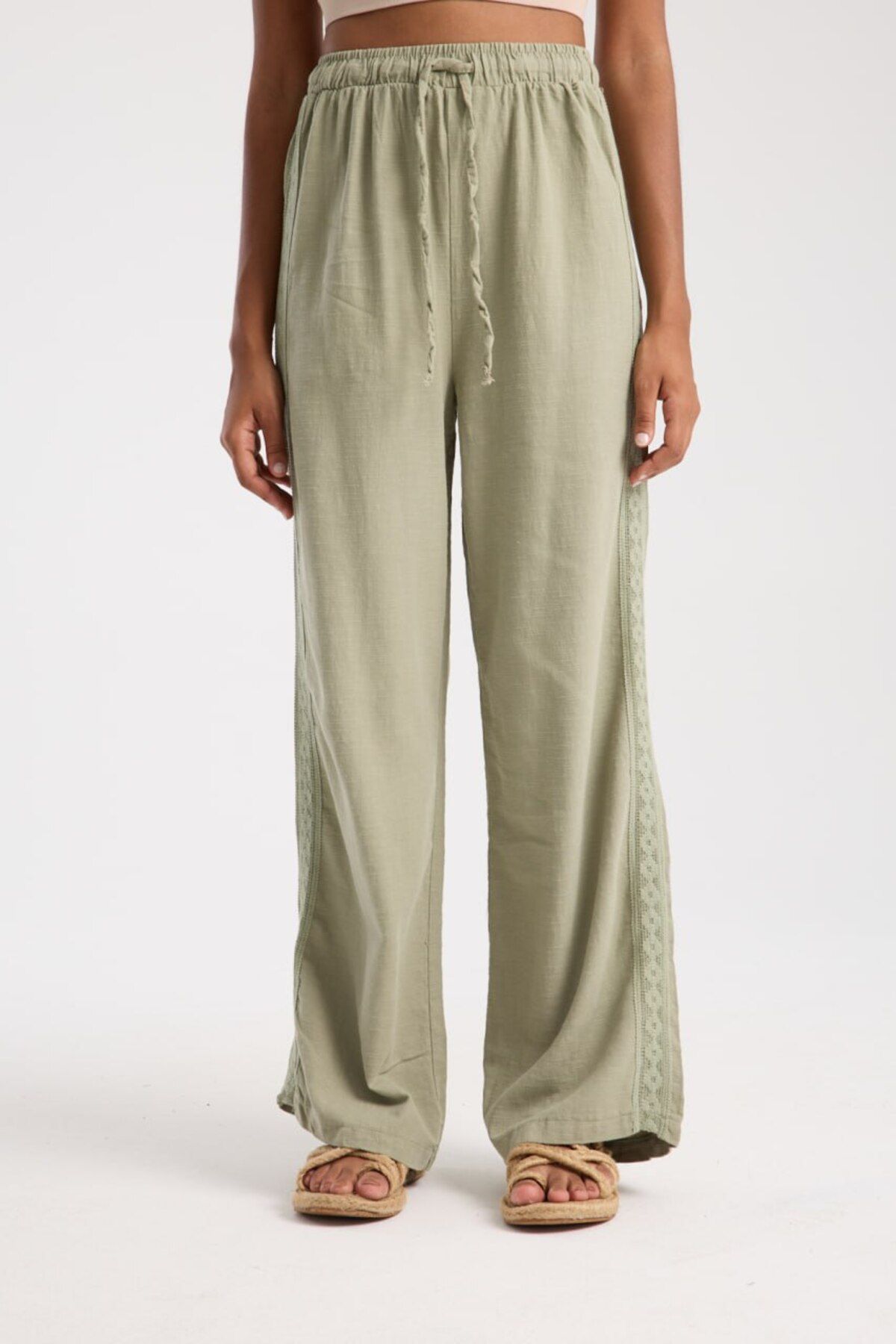 İLKCET MODA Yan Etnik Desenli Oversize Keten Pantolon