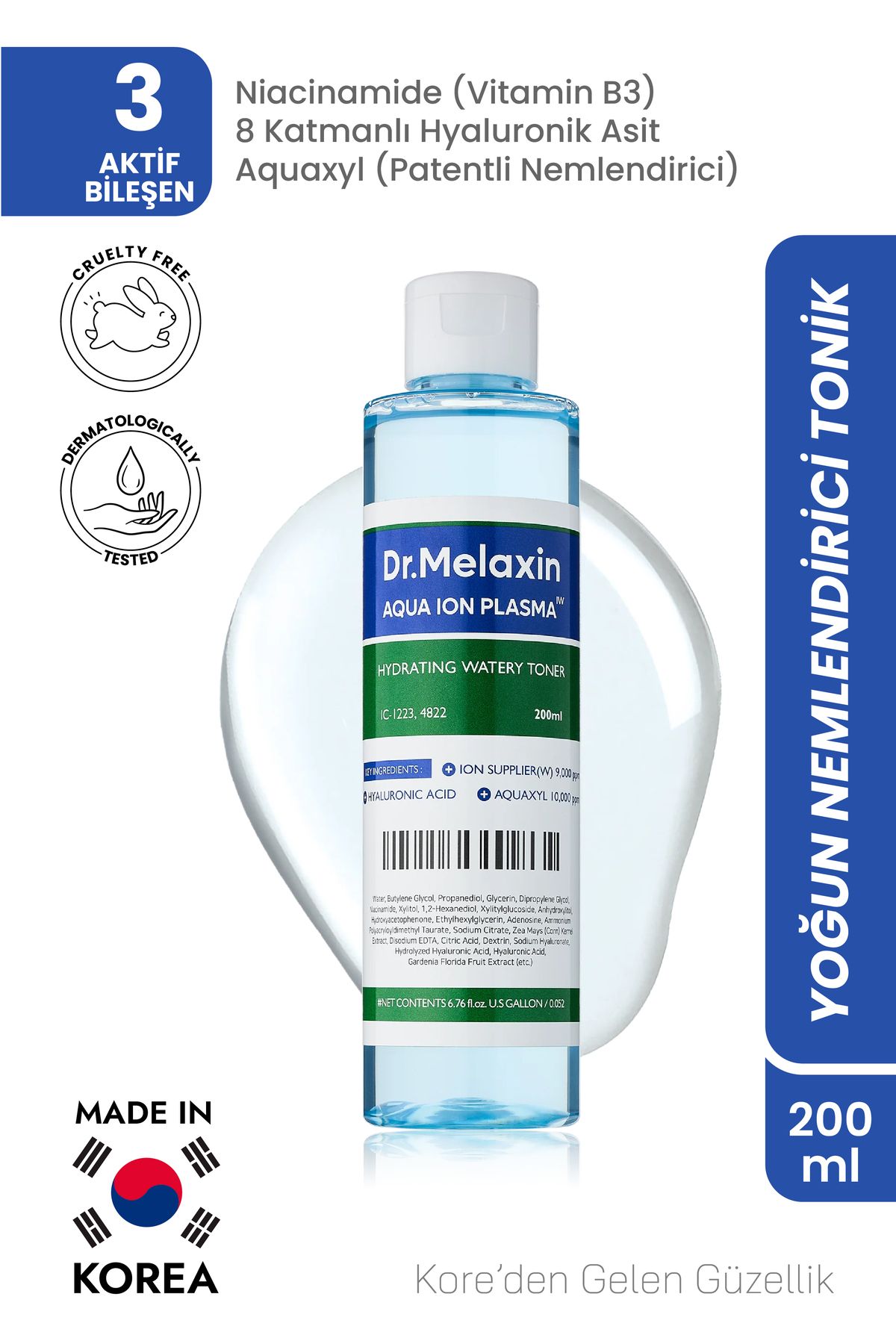 Dr.Melaxin Nemlendirici Etkili Su İyonlu Tonik - 8 Katmanlı Hyaluronik Asit ve Aquaxyl İçerikli 200ml