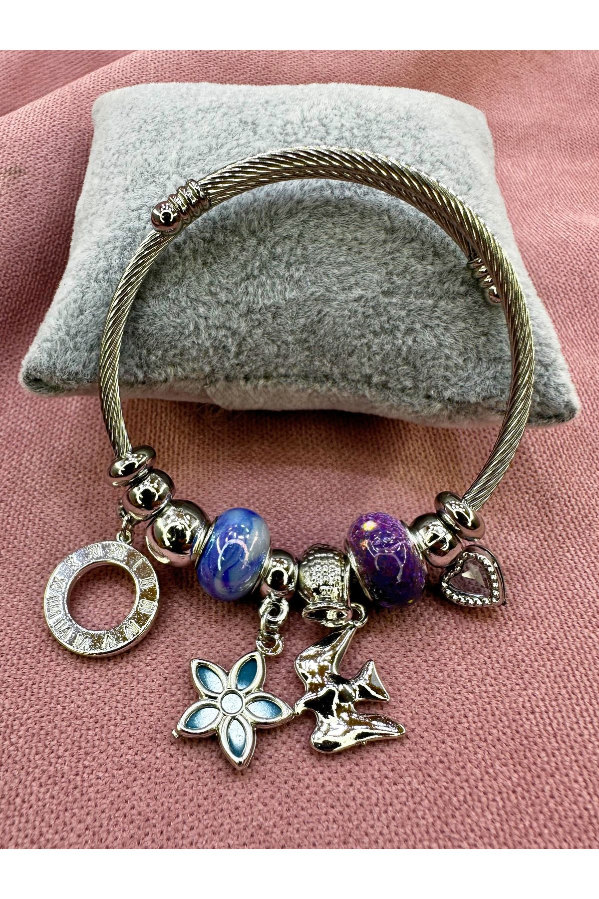 AYZENA Kuş Kar Tanesi Charm Detaylı Çelik Bileklik