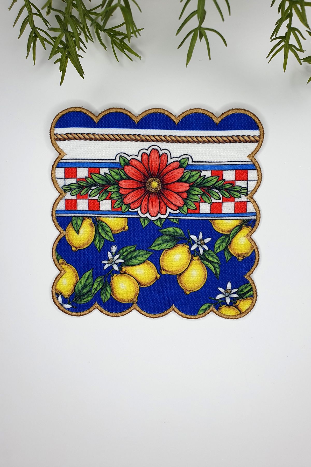 decofav-Felicita Lemon and Stripe Design Κέντημα Edge Fabric Cocktail Χαρτοπετσέτα 1 τεμάχιο 1