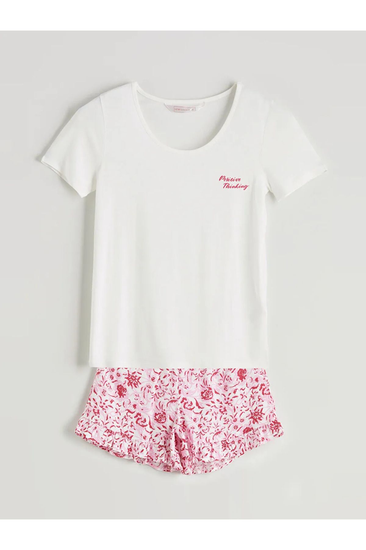 LC Waikiki LCW DREAM Pembe Bisiklet Yaka Baskılı Kadın Şortlu Pijama Takımı
