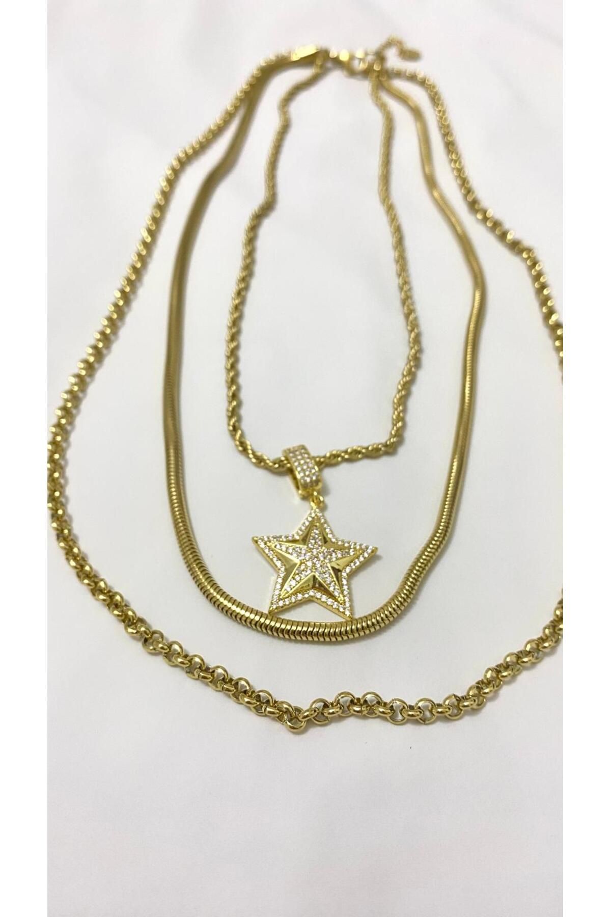 Butik Üç Zincir İtalyan Taş Yıldız Detay Gold Altın Kaplama Çelik Kolye