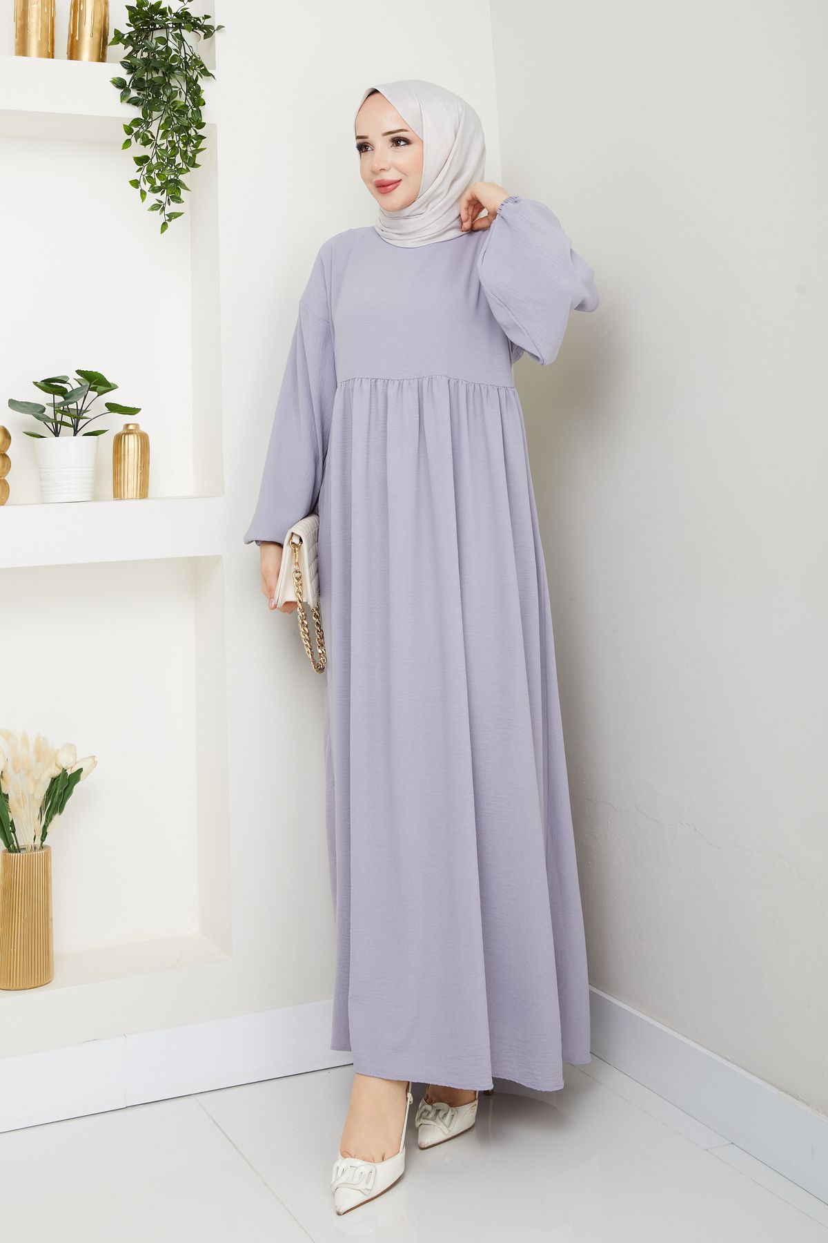Sakara Collection tesettür bol kesim elbise kol ağzı lastikli bel den büzgülü uzun boy