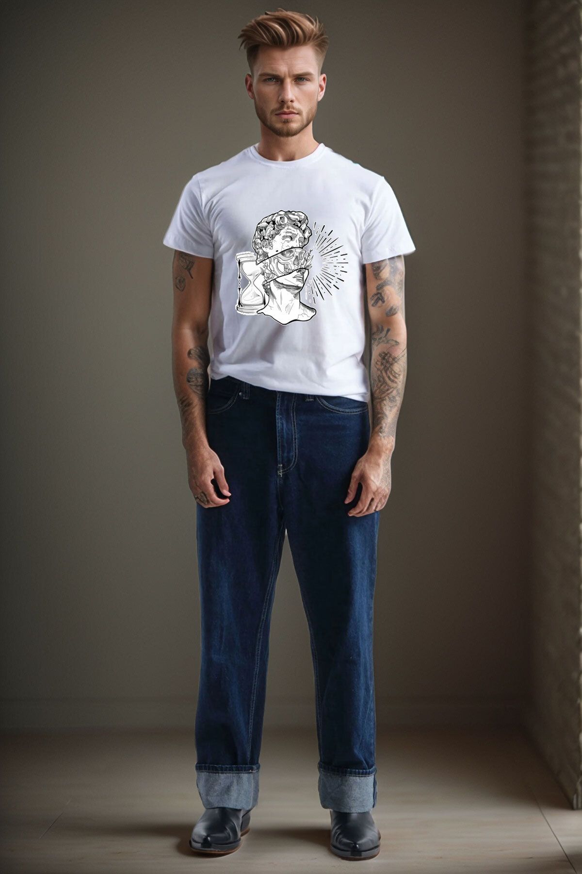 onsrawear David Heykeli Baskılı Unisex %100 Pamuk Basic T-shirt
