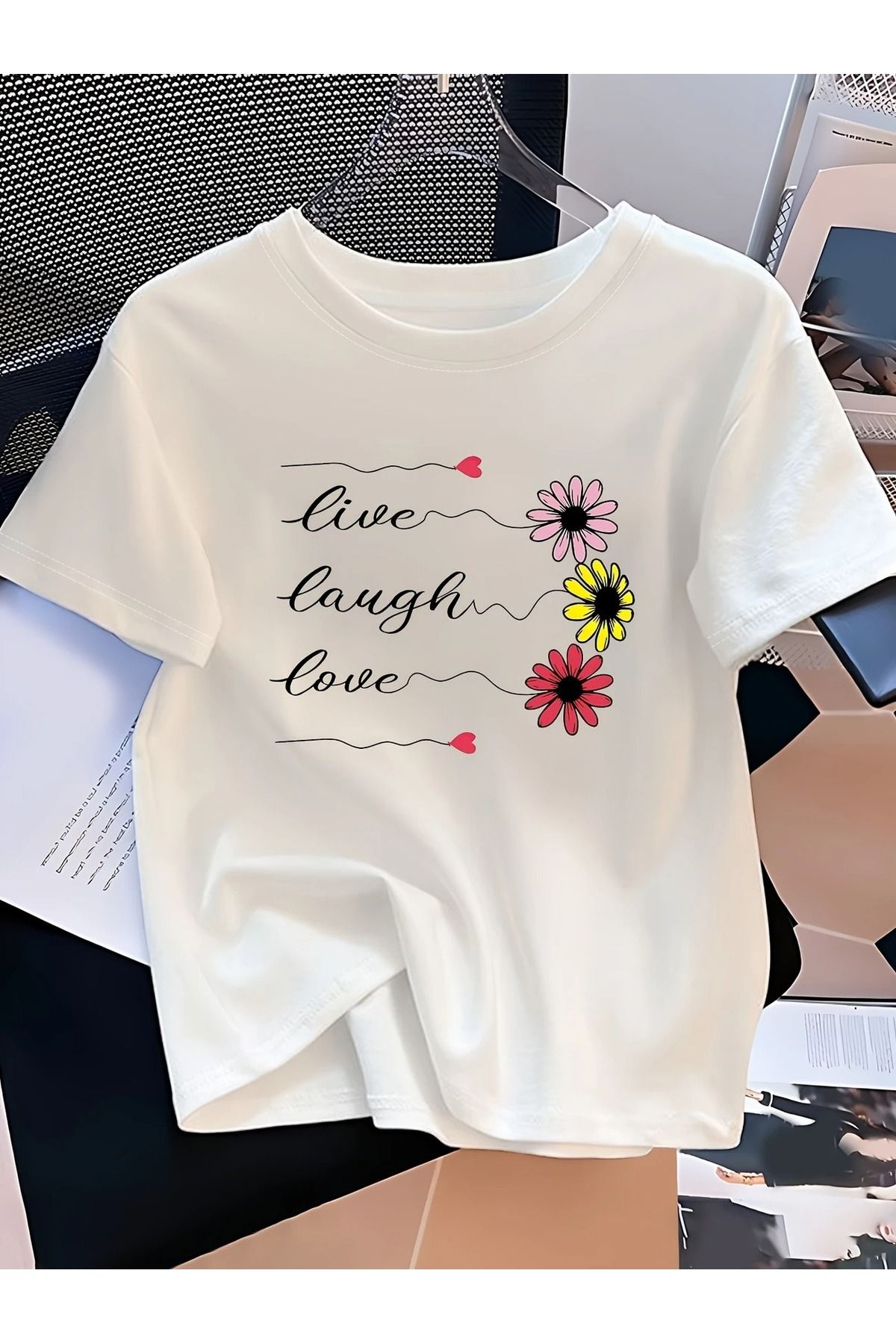PALPİTO Kadın Beyaz Live Laugh Love Baskılı Oversize T-Shirt