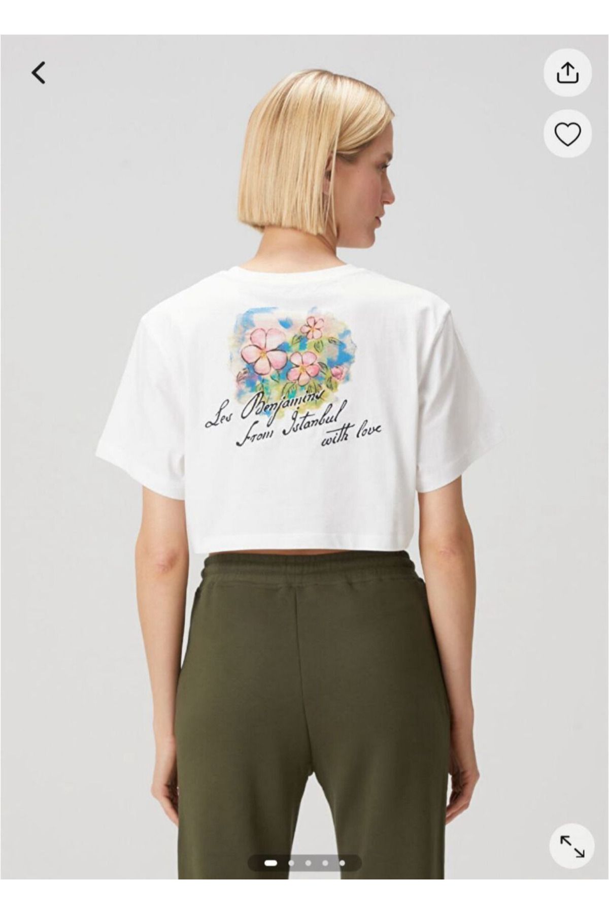 Butik Beyaz Renk Çiçek Baskılı Bisiklet Yaka Kısa Kollu T-Shirt