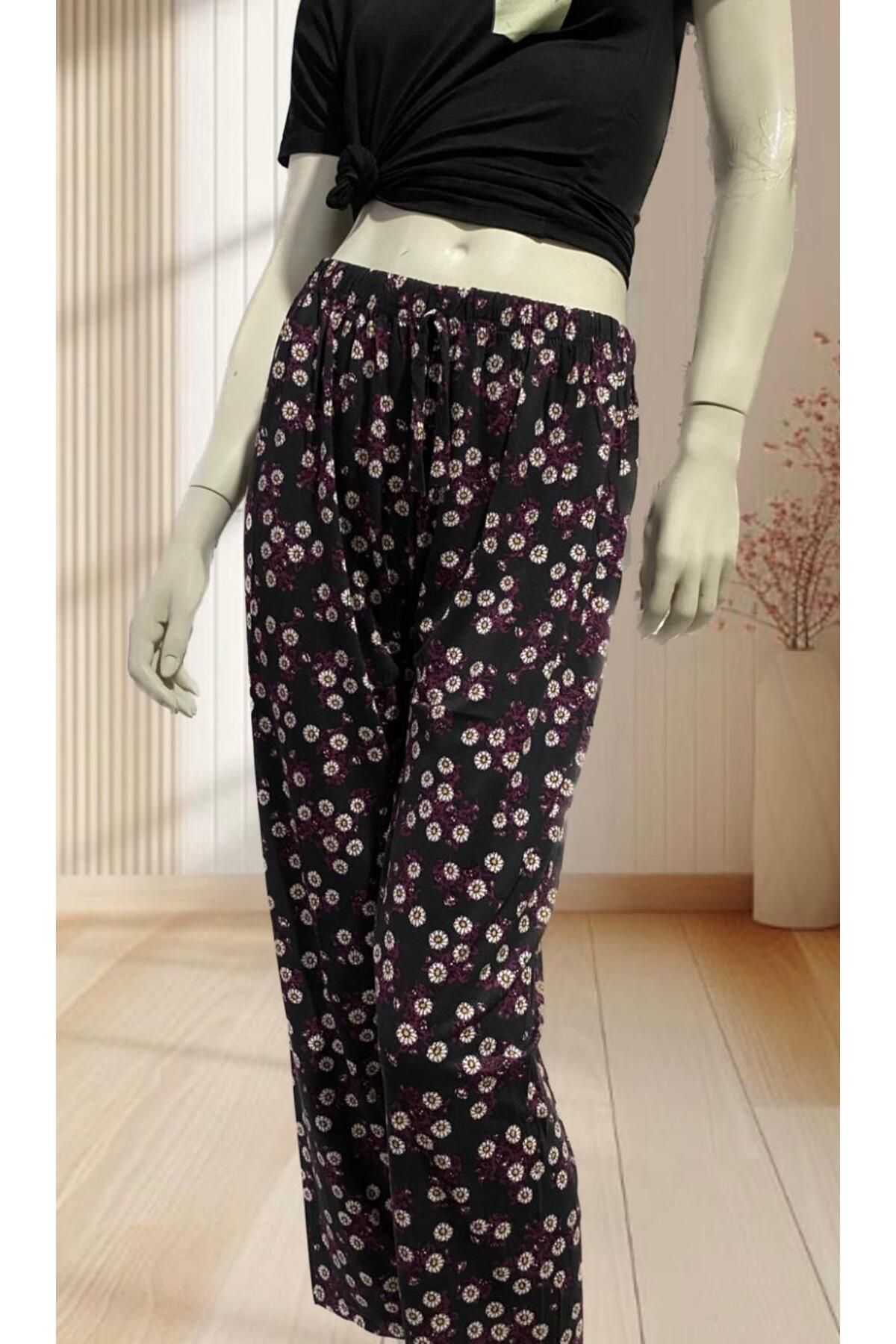 Oğuzhan Tekstil Kadın Siyah Çiçek Desen İnce Pijama Altı/ Cepsiz