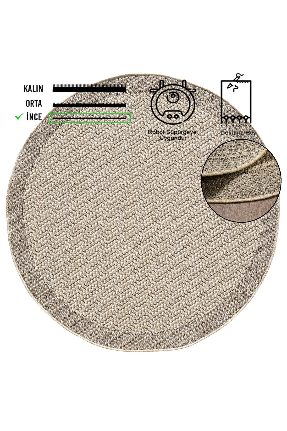 vinosahome Hasır Bej Kahve Jüt Yuvarlak Dokuma Ince Halı Sisal Salon Mutfak Oturma Odası Dış Mekan Halısı Kilim