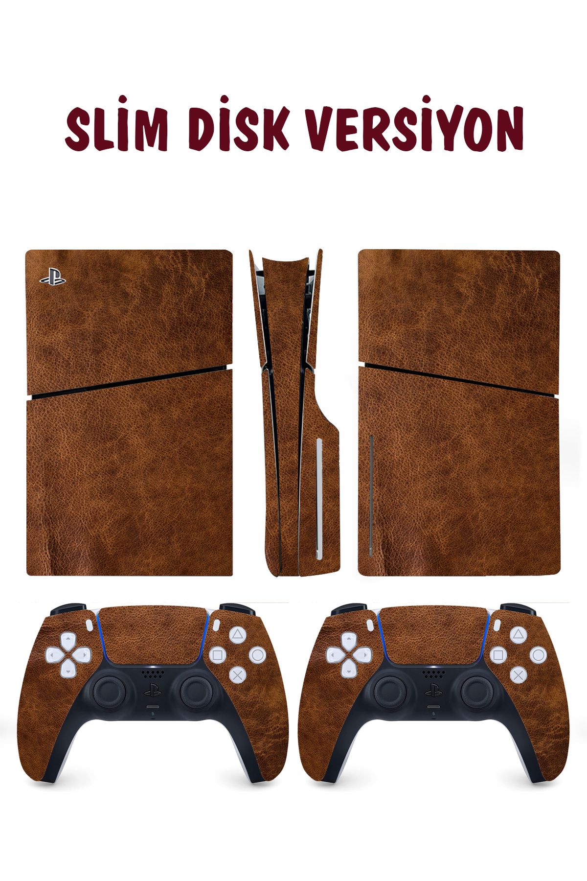KT Decor Kahverengi Deri Deseni Playstation 5 Full Sticker Kaplama Seti