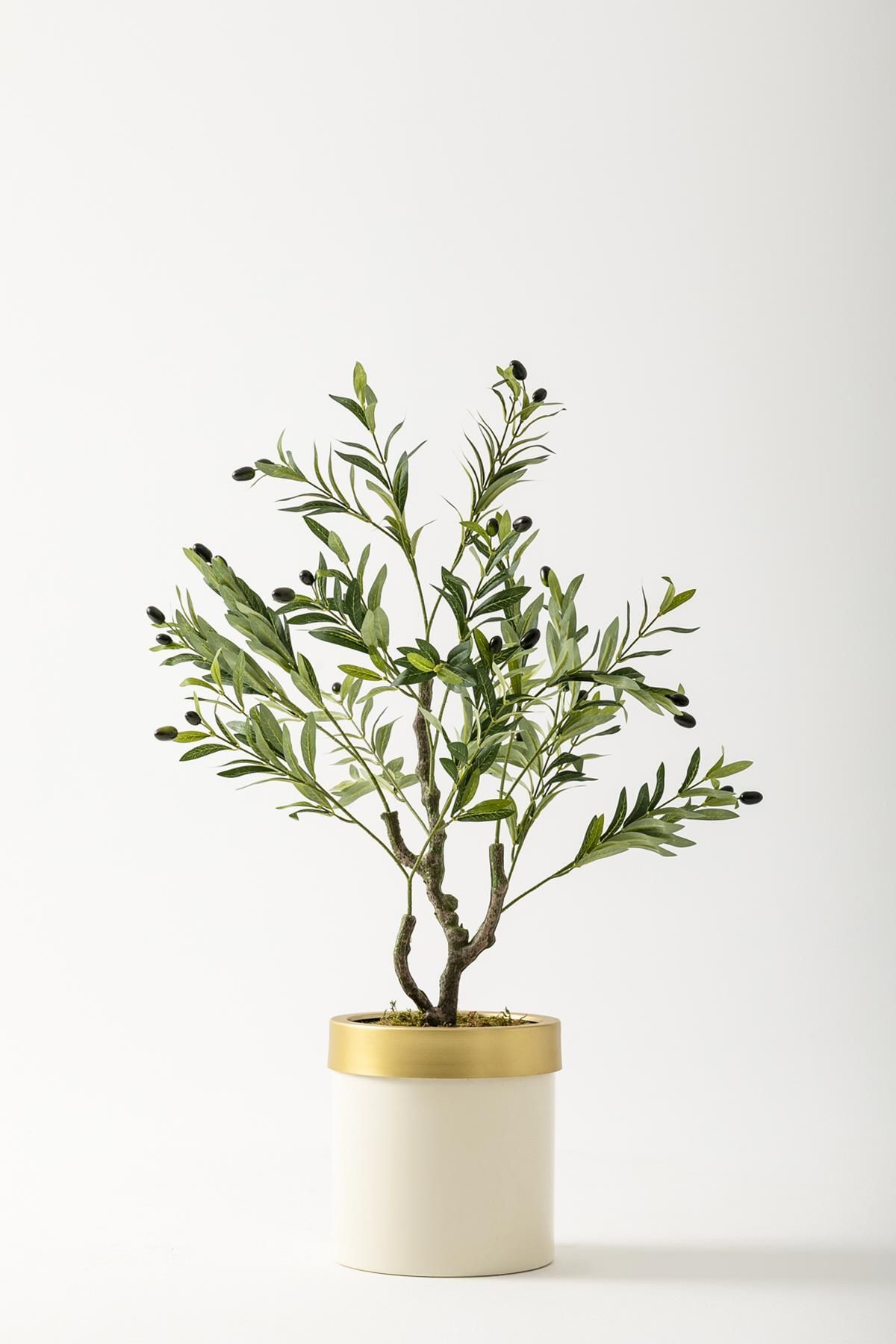 Güleç Yapay Çiçek Yapay Zeytin Ağacı 85 Cm Krem Gold Metal Saksı