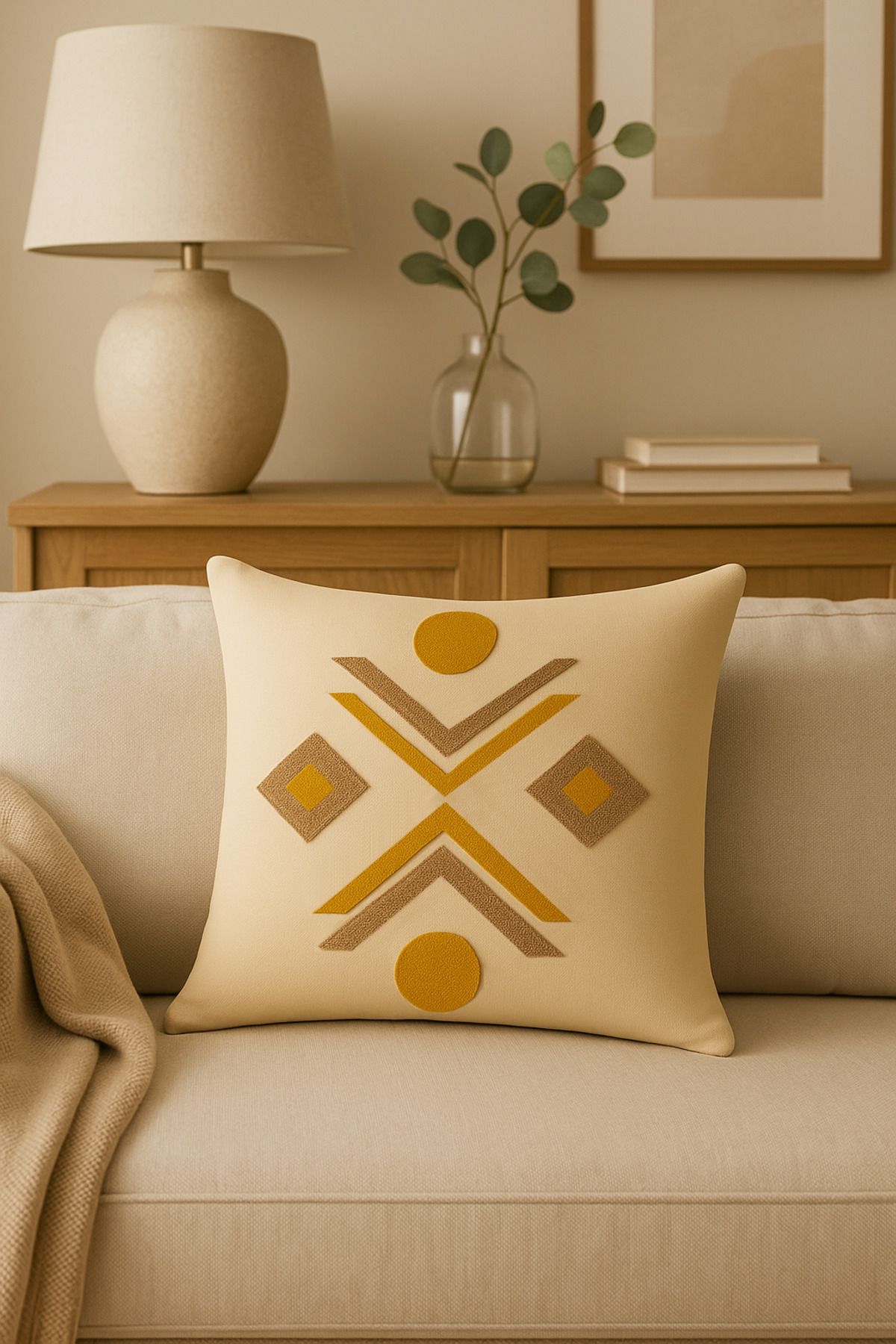 Salvia Dione 43x43 cm Geometrik Desenli Dekoratif Kırlent Kılıfı - Modern Bohem Yastık Kılıfı - Krem Renk