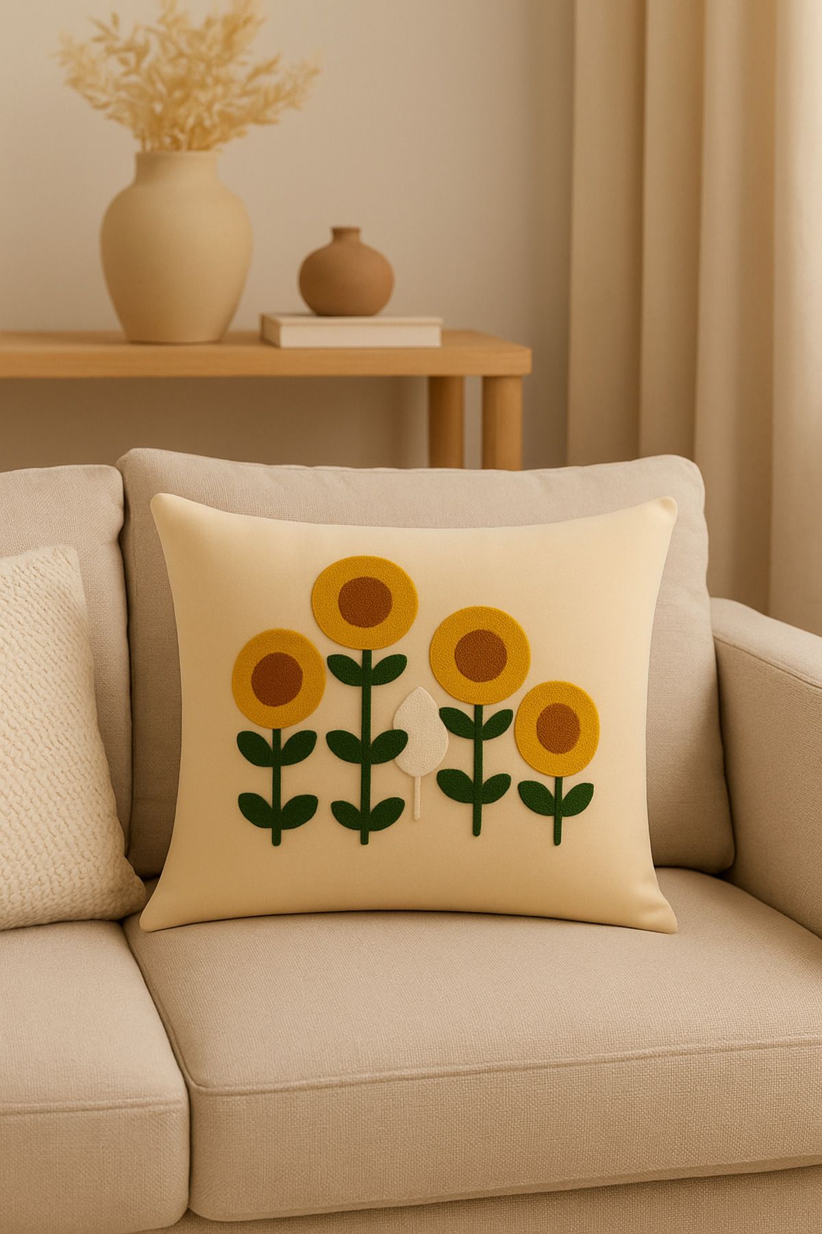 Salvia Dione 43x43 cm Geometrik Desenli Dekoratif Kırlent Kılıfı - Modern Bohem Yastık Kılıfı - Krem Renk