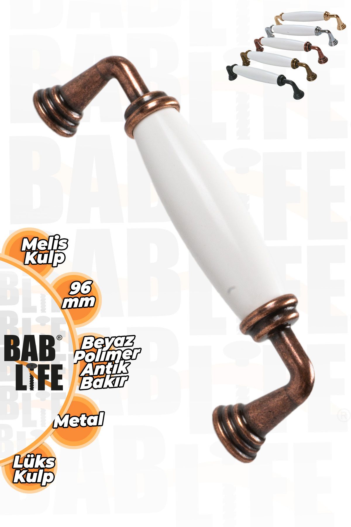 bablife Melis 96mm Porselen Görünümlü Düz Beyaz Antik Bakır Lüks Modern Çekmece Dolap Mobilya Kulpları