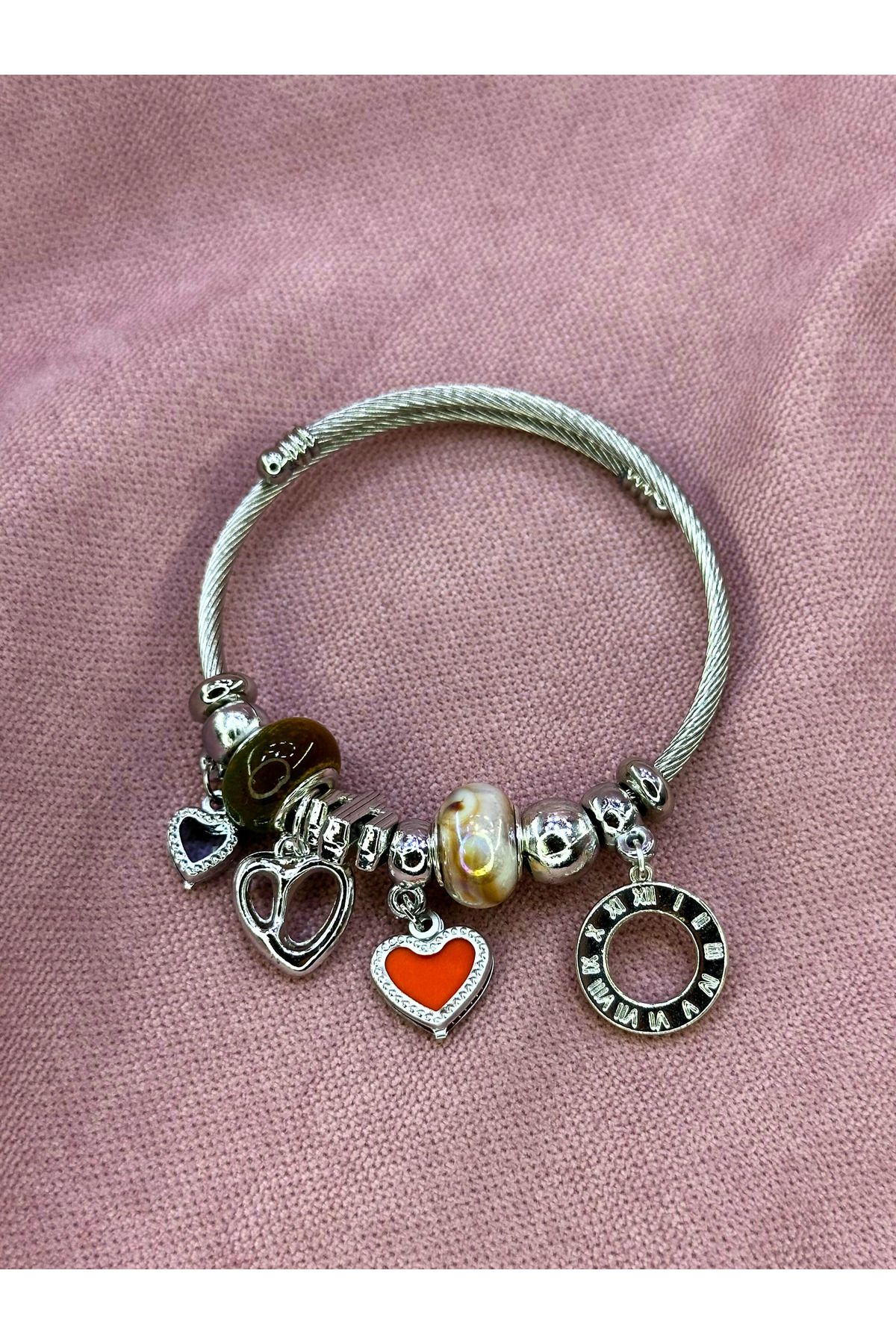 AYZENA Kalp / Turuncu Kalp Charm Detaylı Çelik Bileklik