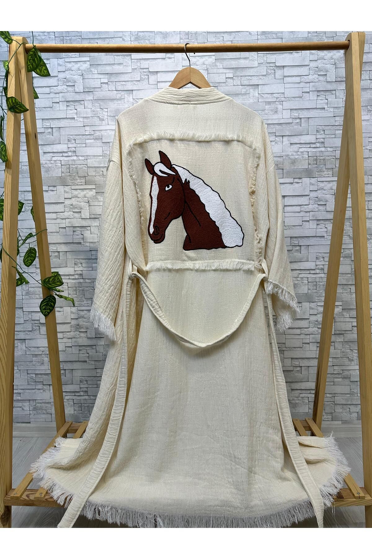 Befera Design Müslin Kimono El Yapımı Nakış Işlemeli %100 Pamuklu At Desenli Bornoz Kaftan Sabahlık