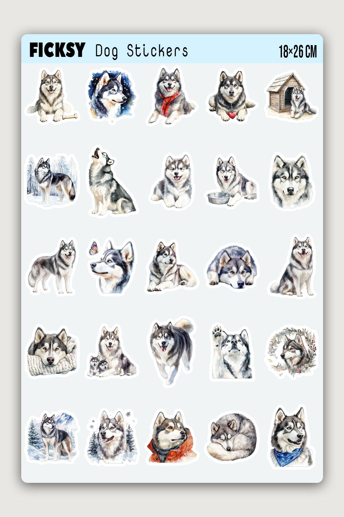 Ficksy Sibirya Kurdu Köpek Sticker Seti - 25 Adet Etiket Çıkartma