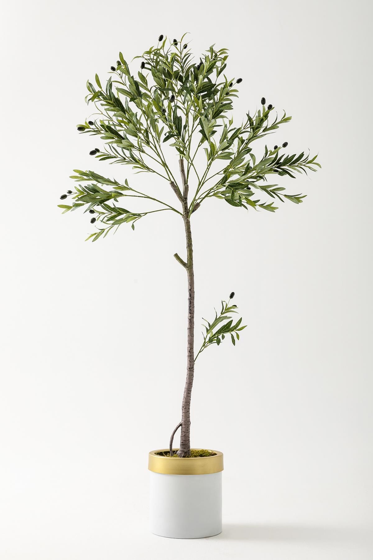Güleç Yapay Çiçek Yapay Zeytin Ağacı 160 Cm Beyaz Gold Metal Saksı