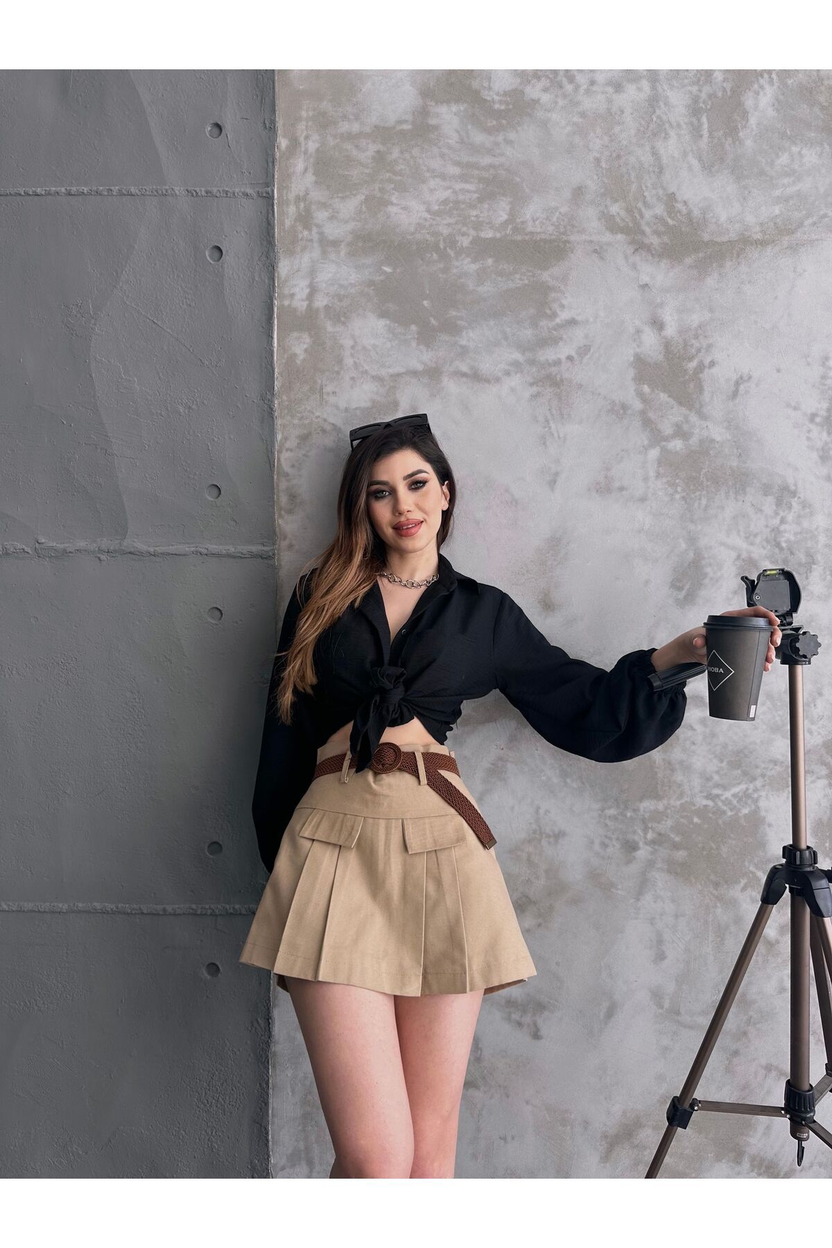Pink Stil Kemerli Kapak Detaylı Gabardin Şort Etek