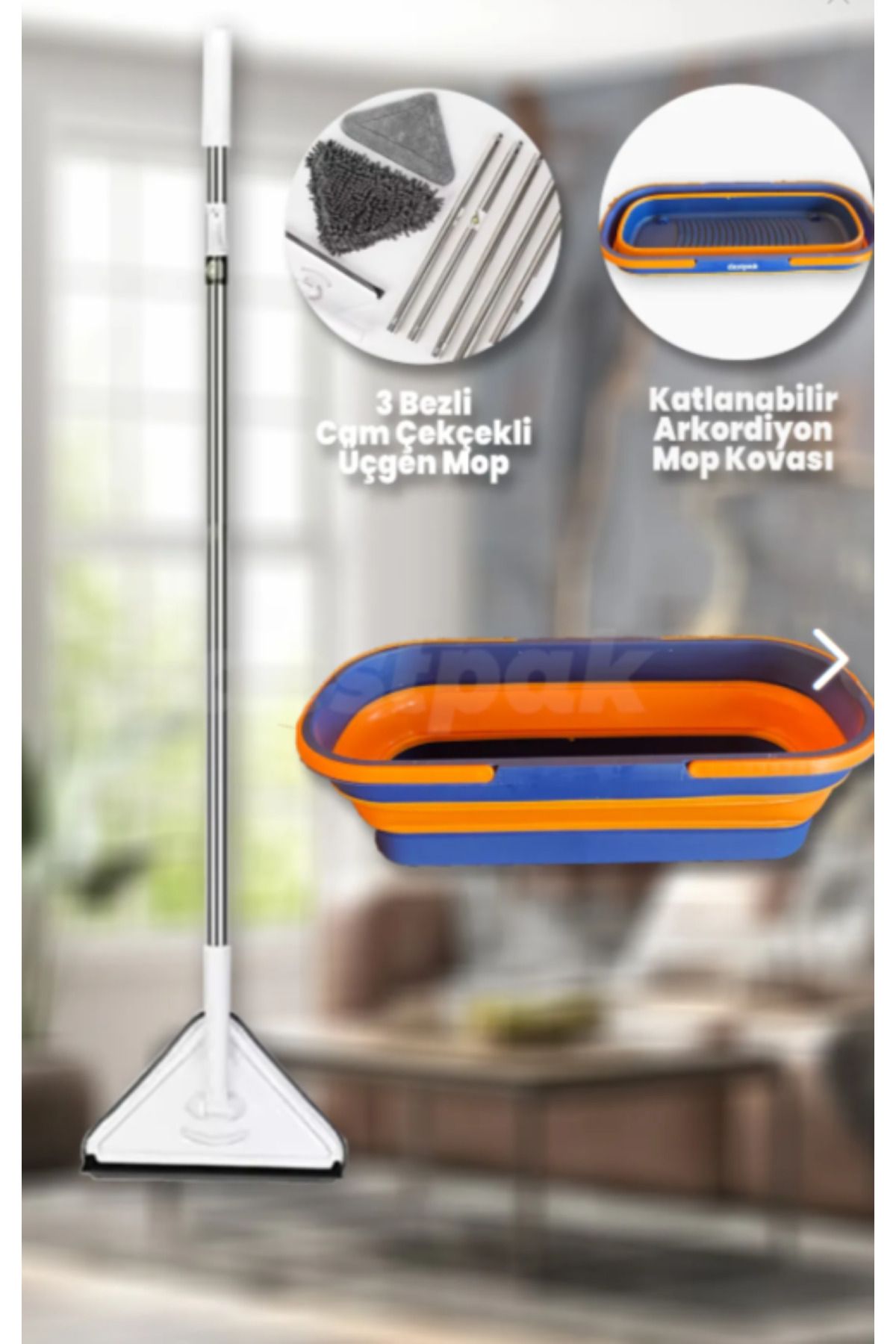 çt çeçem ticaret Üçgen Mop Seti - Üçgen Mop ve Katlanabilir Tekerlekli Mop Kovası